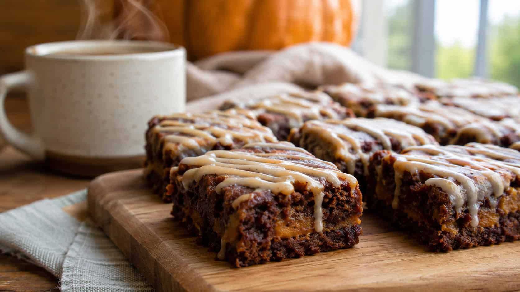 warm-spiced pumpkin brownies drizzled with creamy glaze cut into squares, in a wide horizontal shot on a wooden board with a steaming mug nearby, natural light, shallow depth of field, landscape orientation