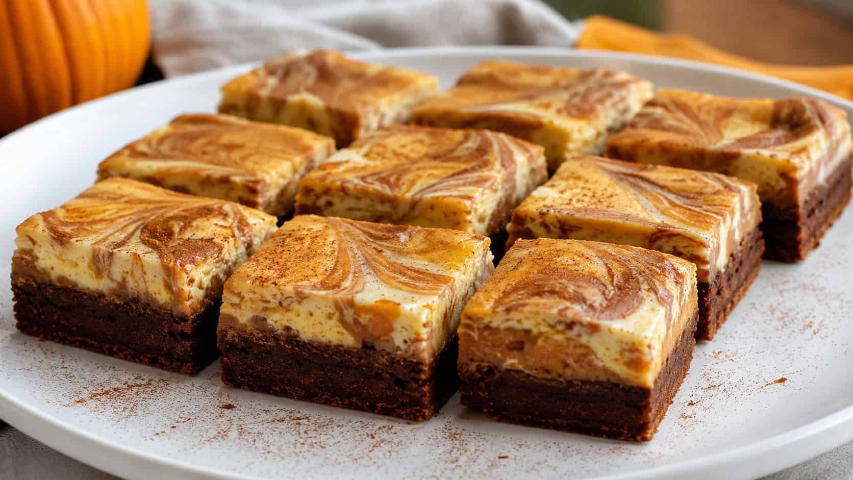 pumpkin cheesecake brownies with a swirled cream cheese top cut into neat squares, in a wide horizontal shot on a white plate with a dusting of spice, natural light, shallow depth of field, landscape orientation