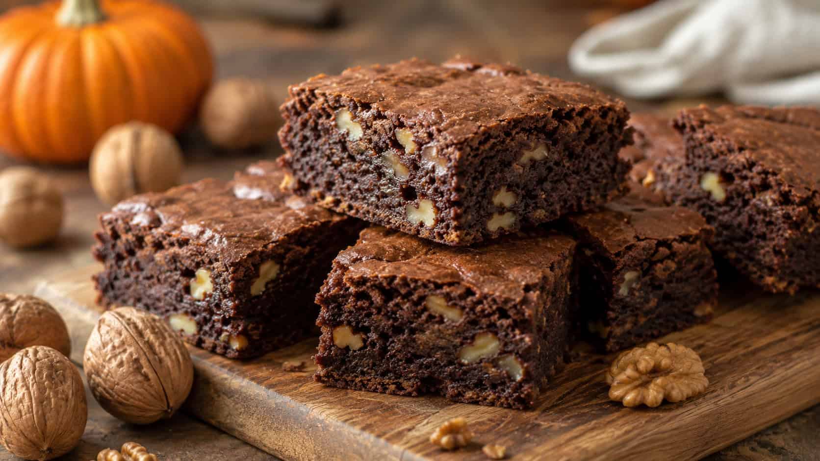 dense fudgy pumpkin walnut brownies cut into squares with visible nuts, in a wide horizontal shot on a rustic wooden board with whole walnuts, natural light, shallow depth of field, landscape orientation