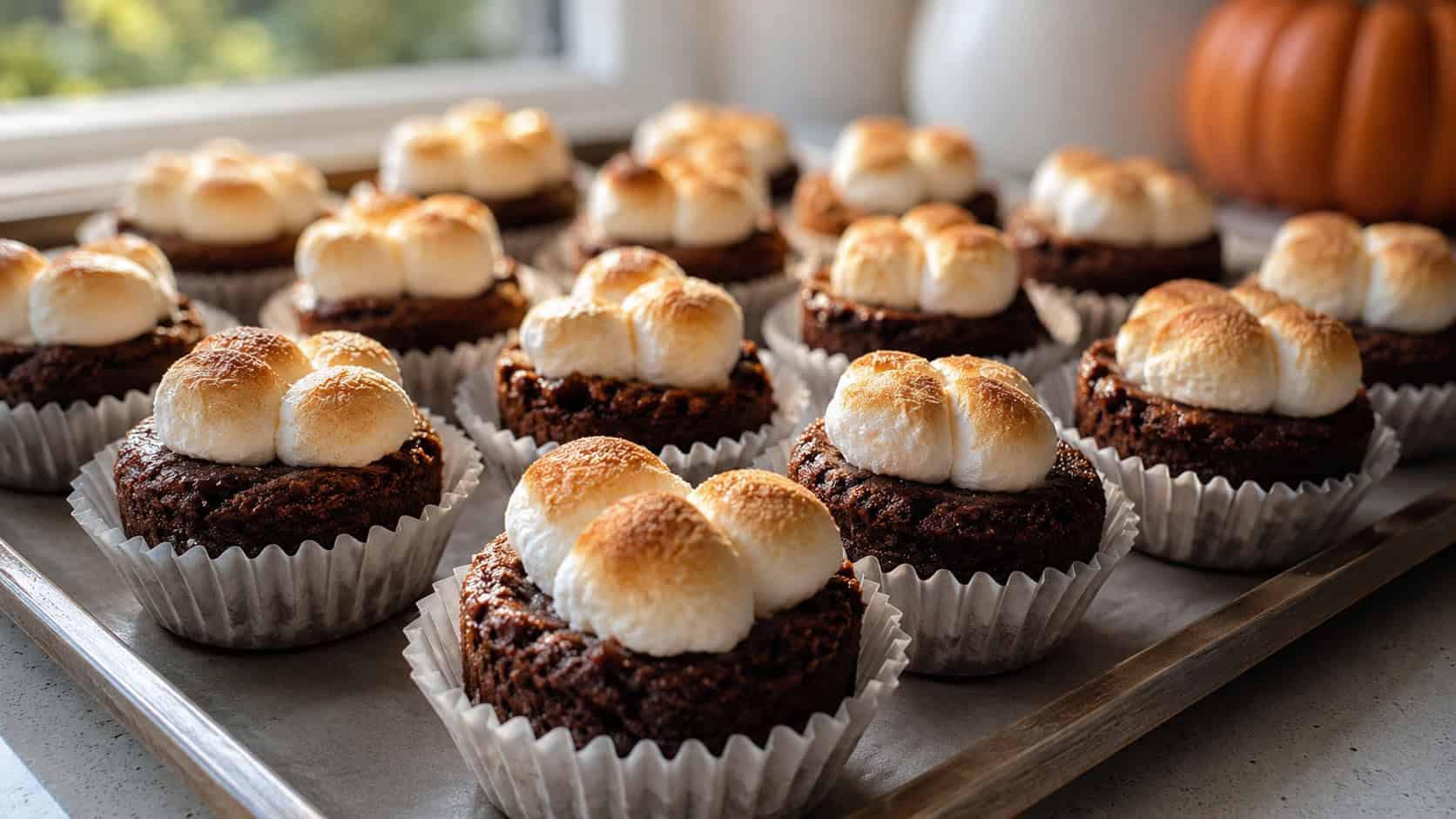 mini pumpkin brownie bites topped with golden toasted marshmallows, in a wide horizontal shot on a tray with parchment liners, natural light, shallow depth of field, landscape orientation