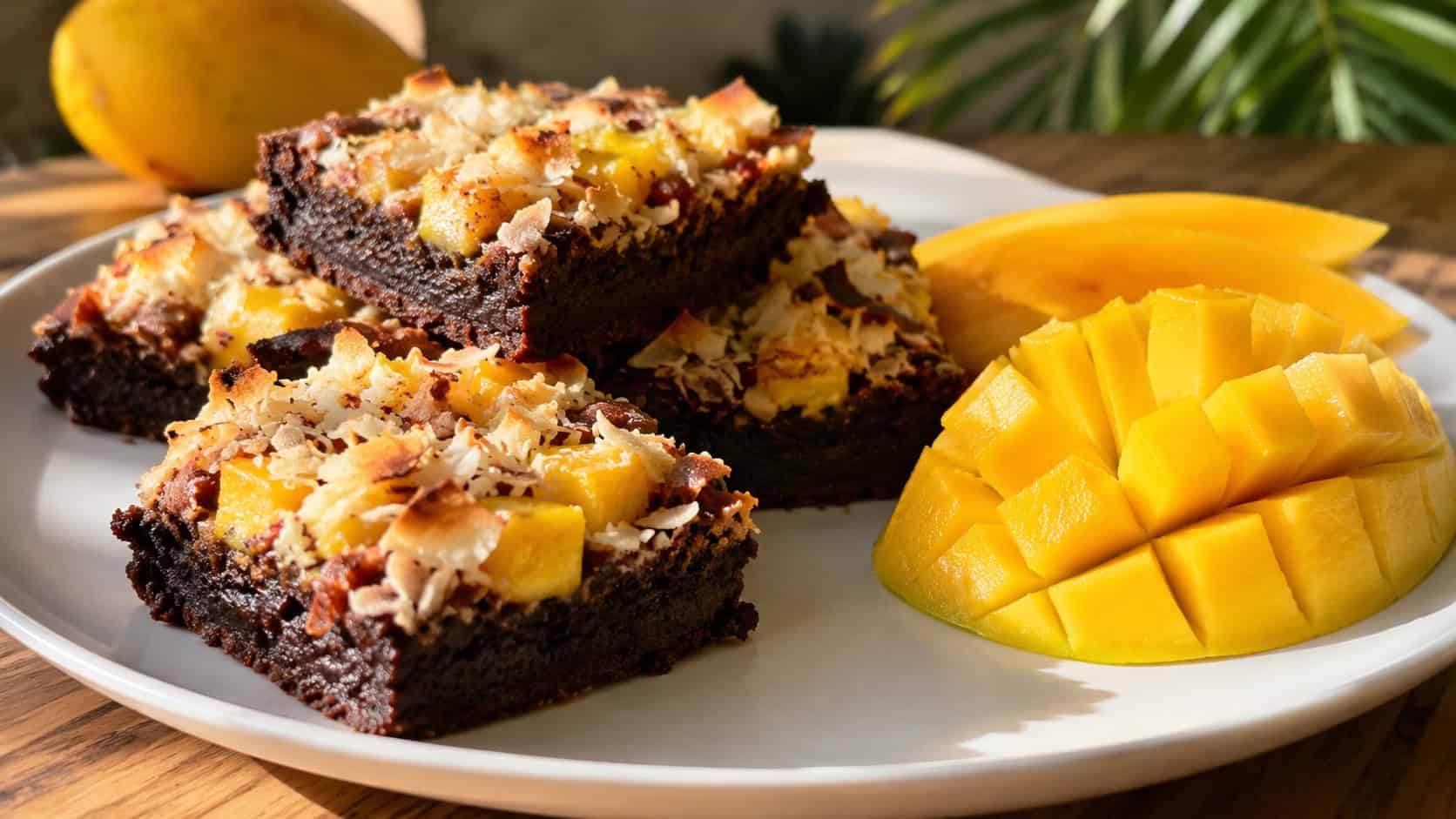 chocolate brownies topped with toasted coconut and golden mango pieces in a wide horizontal shot, on a bright plate with fresh mango slices beside them on a sunny table, natural light, shallow depth of field, landscape orientation