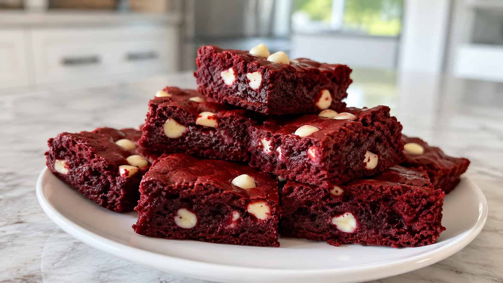deep red velvet brownies with white chocolate chips and a soft crumb in a wide horizontal shot, stacked on a white plate on a pale marble counter, natural light, shallow depth of field, landscape orientation