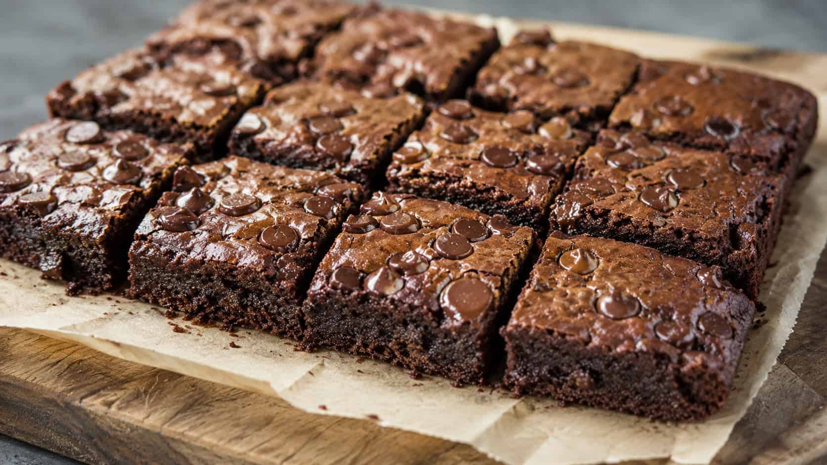dense fudgy brownies with melty chocolate chips on top in a wide horizontal shot, cut into squares on parchment on a rustic wooden board, natural light, shallow depth of field, landscape orientation
