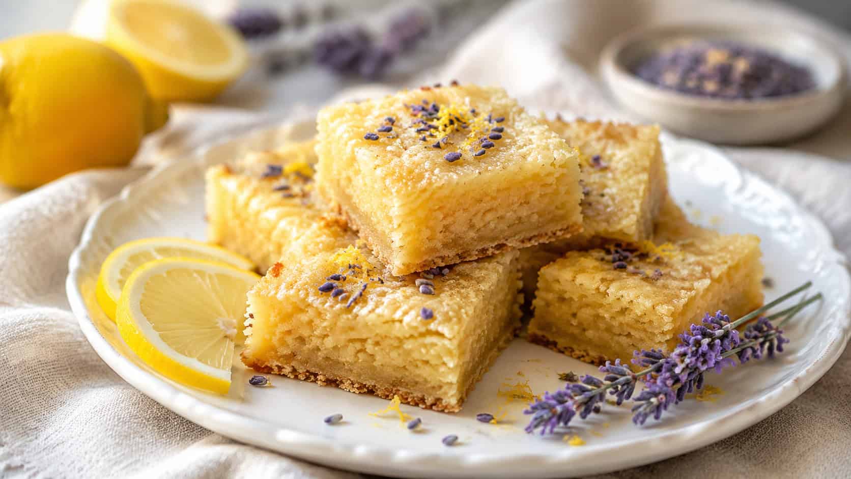 pale golden lemon brownies dotted with tiny lavender buds and lemon zest in a wide horizontal shot, on a white plate with lemon slices and a sprig of lavender on a soft linen surface, natural light, shallow depth of field, landscape orientation