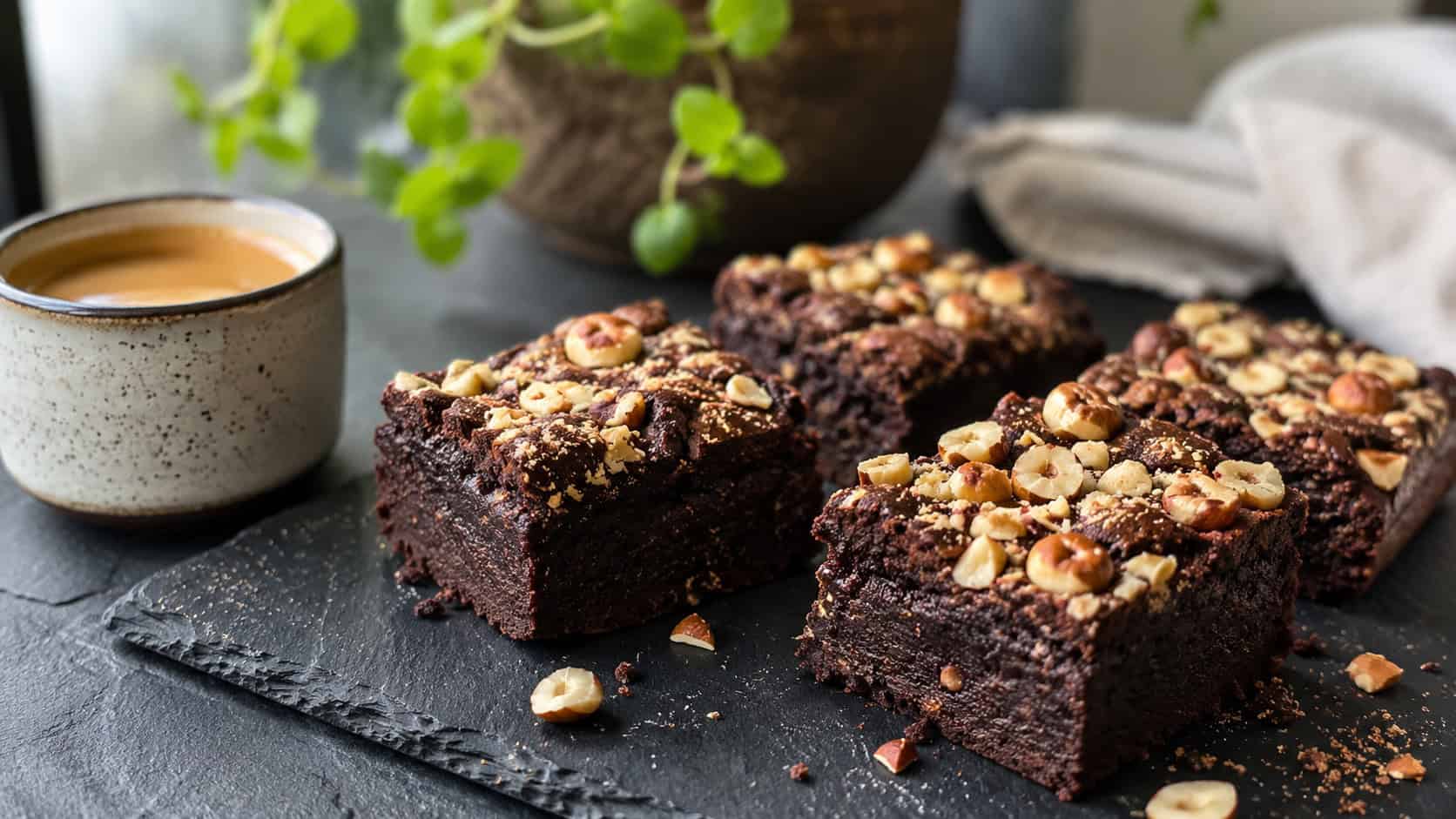 dark mocha brownies topped with chopped toasted hazelnuts in a wide horizontal shot, on a dark slate board beside a small cup of espresso, natural light, shallow depth of field, landscape orientation