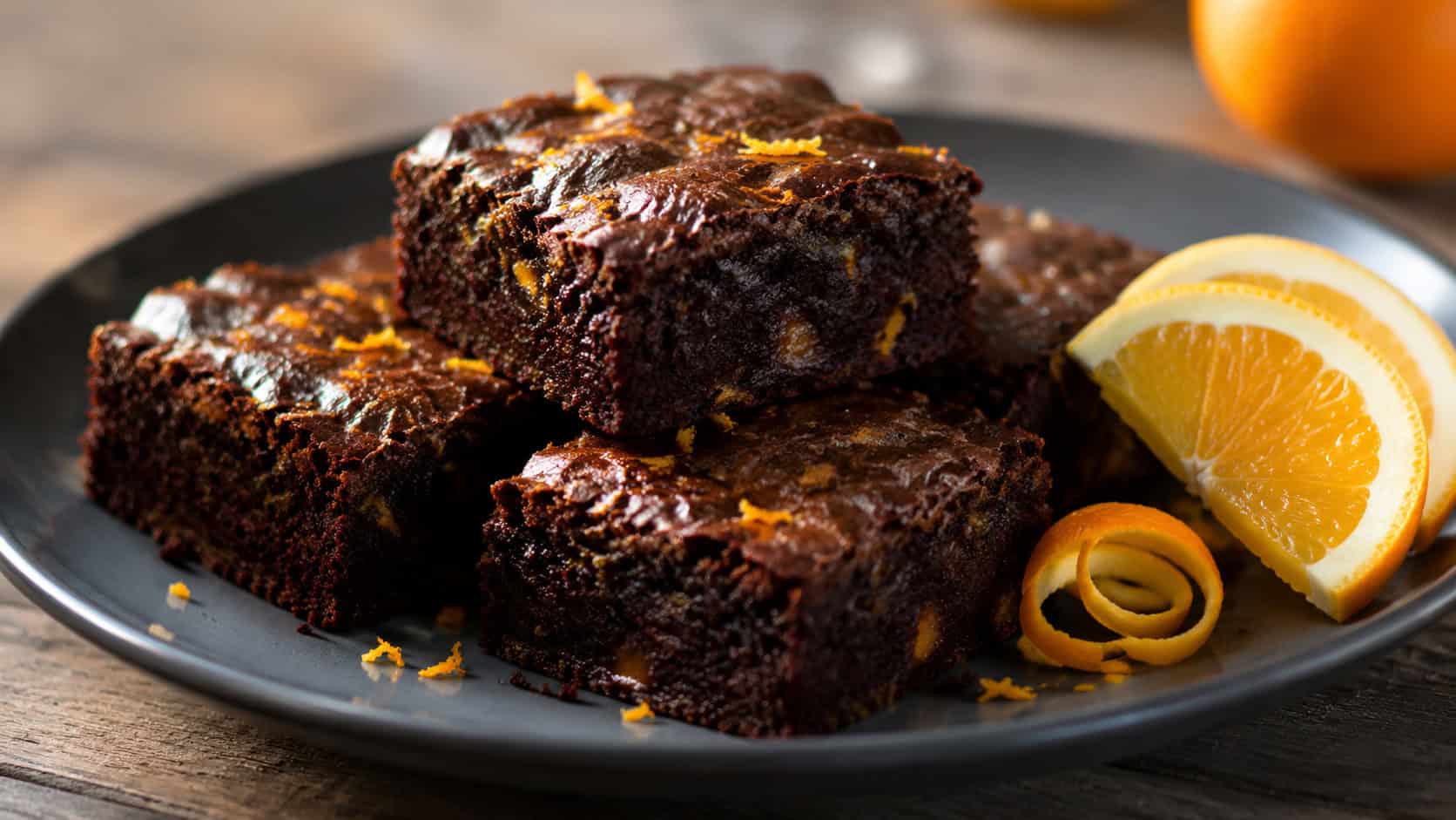 dark chocolate brownies flecked with bright orange zest and a glossy top in a wide horizontal shot, on a dark plate with orange slices and a curl of zest beside them, natural light, shallow depth of field, landscape orientation