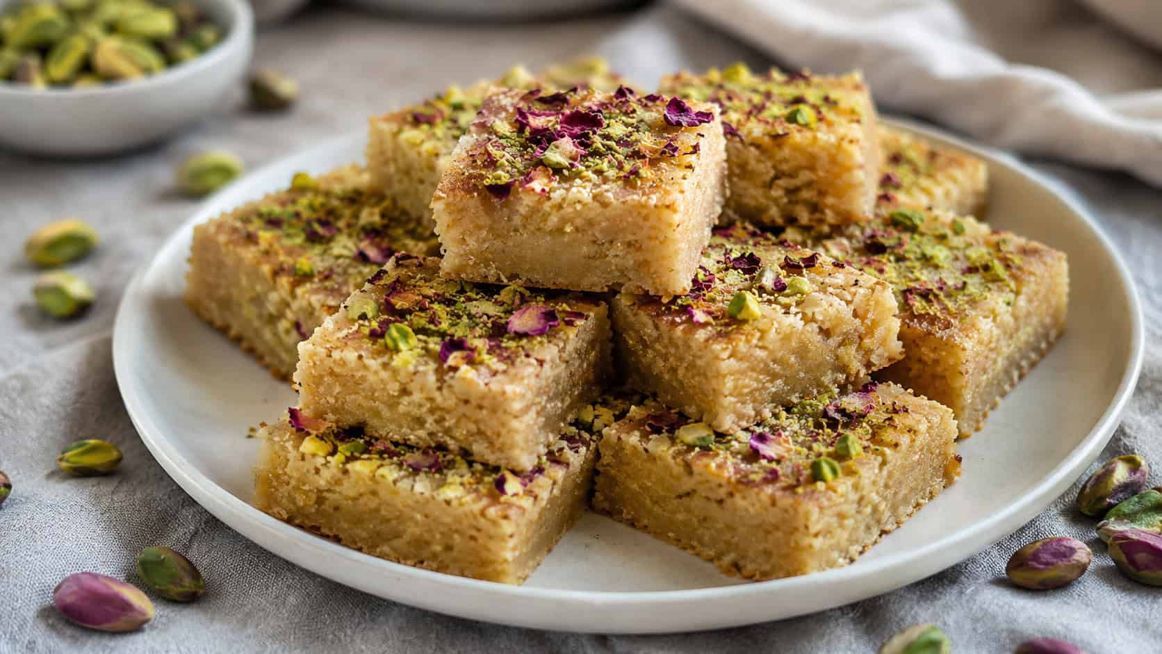 pale golden blondie brownies topped with chopped green pistachios and dried rose petals in a wide horizontal shot, on a white plate with scattered pistachios on a soft linen surface, natural light, shallow depth of field, landscape orientation