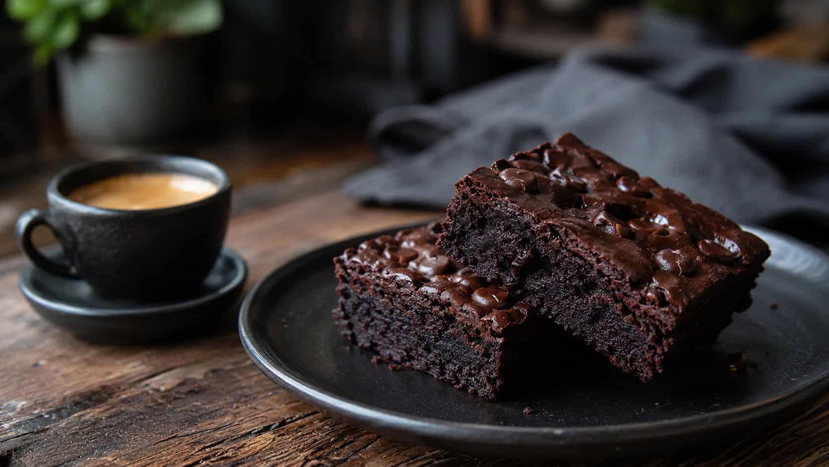 deep dark espresso brownies with a smooth fudgy surface and chocolate chips on top in a wide horizontal shot, on a dark plate beside a small cup of espresso on a moody wooden table, natural light, shallow depth of field, landscape orientation