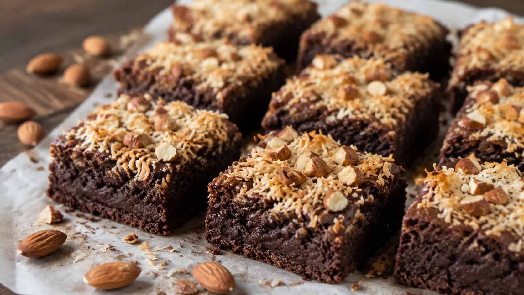 chocolate brownies topped with golden toasted coconut and chopped almonds in a wide horizontal shot, cut into squares on parchment with whole almonds scattered around, natural light, shallow depth of field, landscape orientation