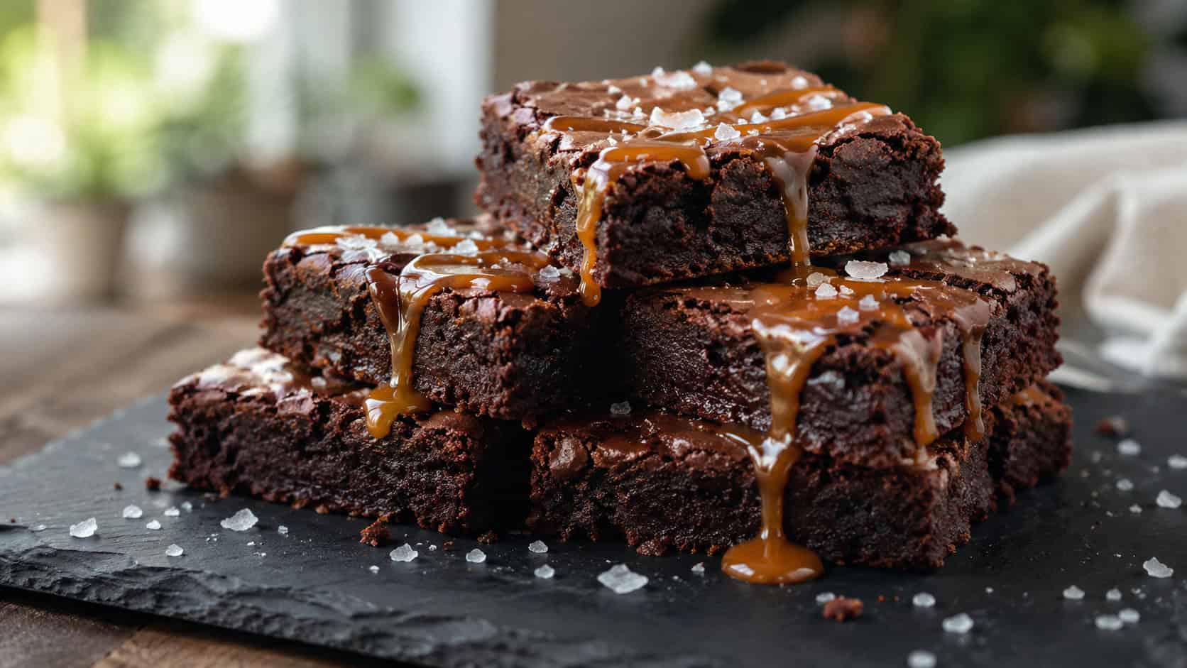 fudgy brownies drizzled with glossy golden caramel and flecked with sea salt in a wide horizontal shot, stacked on a dark slate board with a caramel drip down the side, natural light, shallow depth of field, landscape orientation