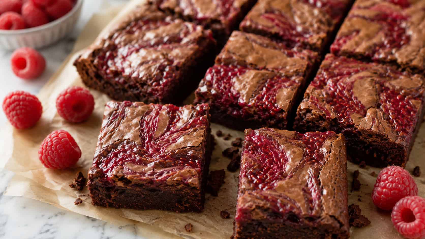chocolate brownies with bright red raspberry jam swirls across the top in a wide horizontal shot, cut into squares on parchment with fresh raspberries scattered around, natural light, shallow depth of field, landscape orientation
