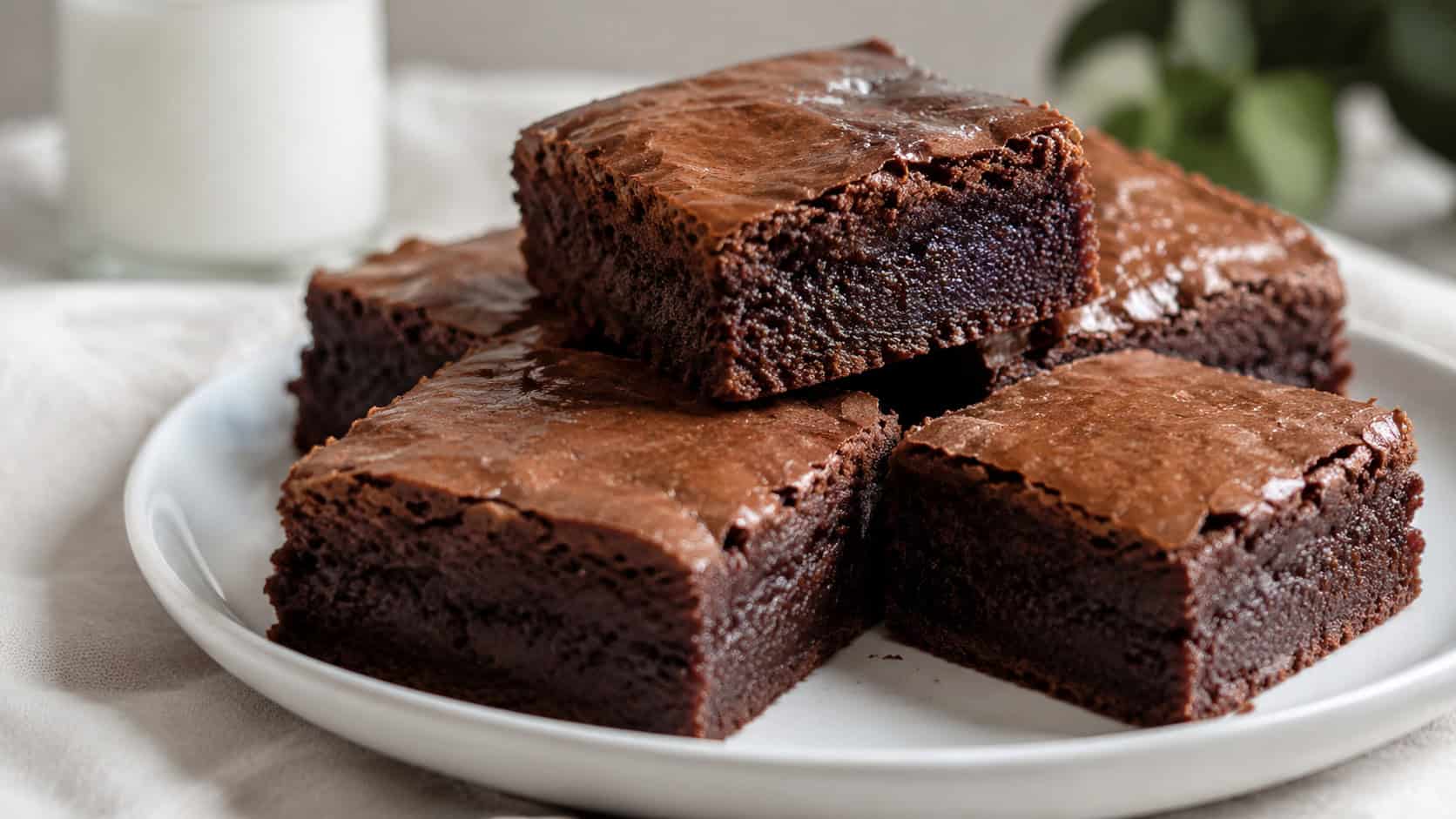 glossy smooth-topped chocolate brownies with a creamy fudgy interior in a wide horizontal shot, stacked on a white plate on a soft linen surface, natural light, shallow depth of field, landscape orientation