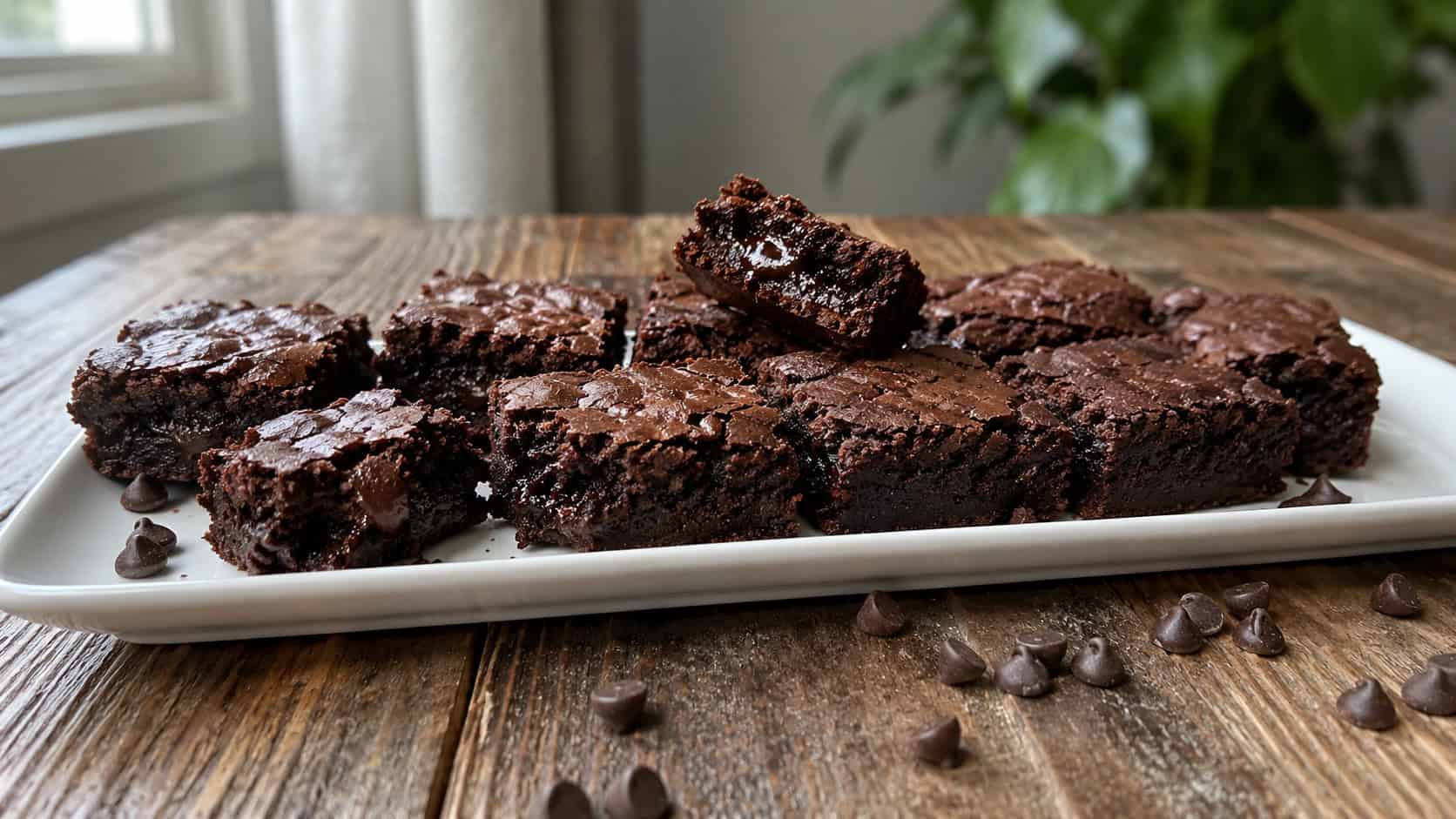a row of fudgy dark-chocolate brownie squares stacked on a white ceramic plate in a wide horizontal shot, a few squares broken to show the gooey center, scattered chocolate chips on a rustic wooden table, natural window light, shallow depth of field, landscape orientation