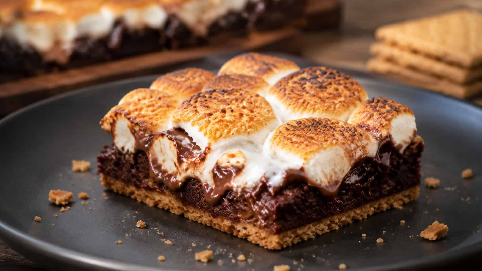 s'mores brownies with golden toasted marshmallow topping on a dark plate in a wide horizontal composition, gooey chocolate and graham layers visible at the edge, a few graham crumbs scattered nearby, warm natural light, shallow depth of field, landscape orientation