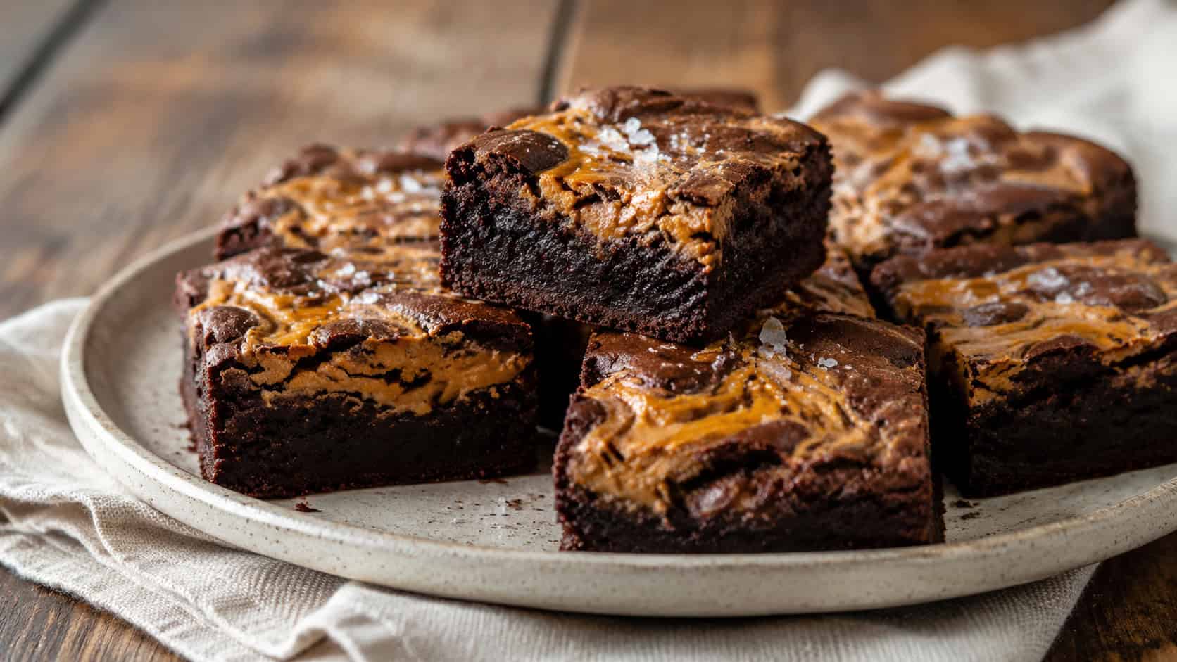 chocolate brownies with a golden peanut butter swirl on a ceramic plate in a wide horizontal shot, one square lifted to show the fudgy center, flaky salt sprinkled on top, linen napkin on a wooden table, natural light, shallow depth of field, landscape orientation
