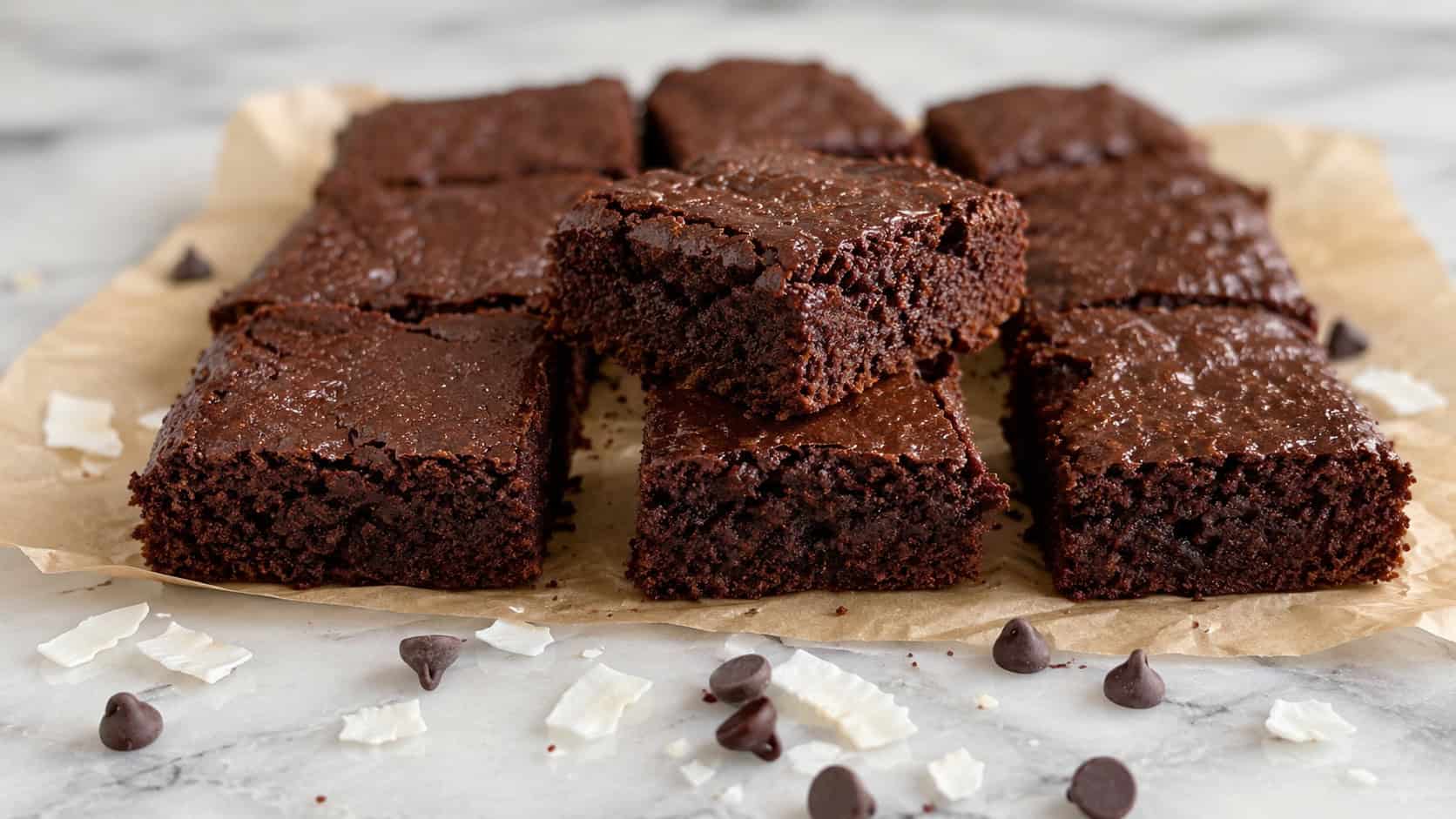 fudgy coconut flour brownies arranged on parchment in a wide horizontal composition, soft crumb visible at the broken edge, a scattering of coconut flakes and chocolate chips on a marble counter, natural light, shallow depth of field, landscape orientation