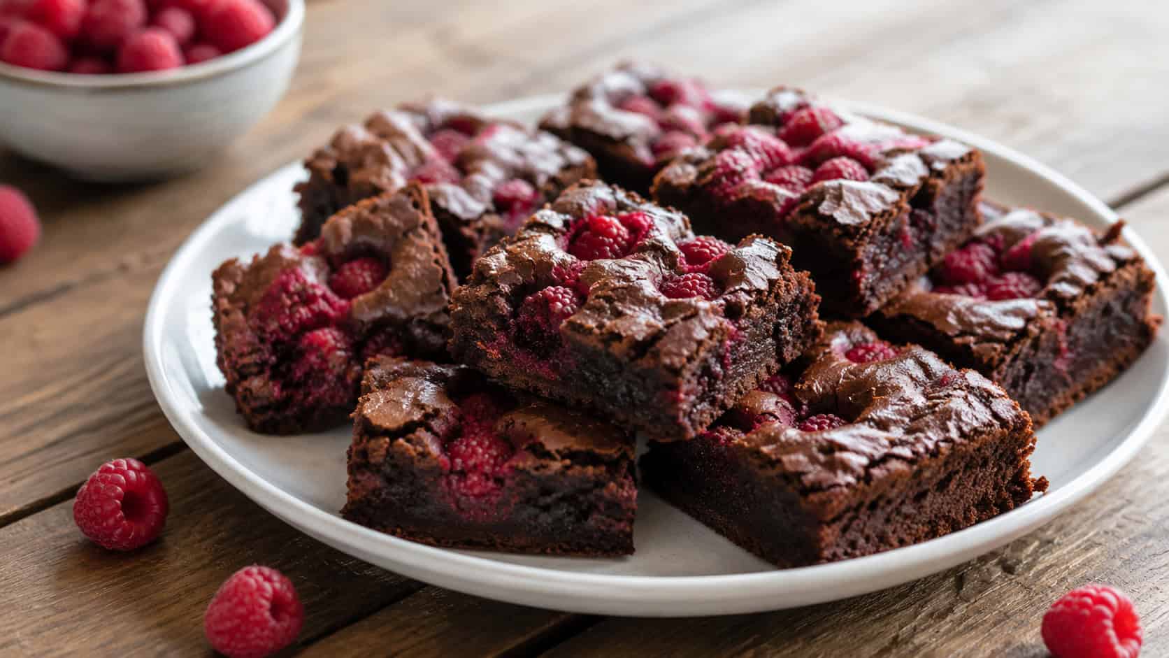 chocolate brownies dotted with fresh raspberries on a white plate in a wide horizontal composition, jammy red berries sinking into the fudgy tops, a few loose raspberries scattered on a wooden table, bright natural light, shallow depth of field, landscape orientation