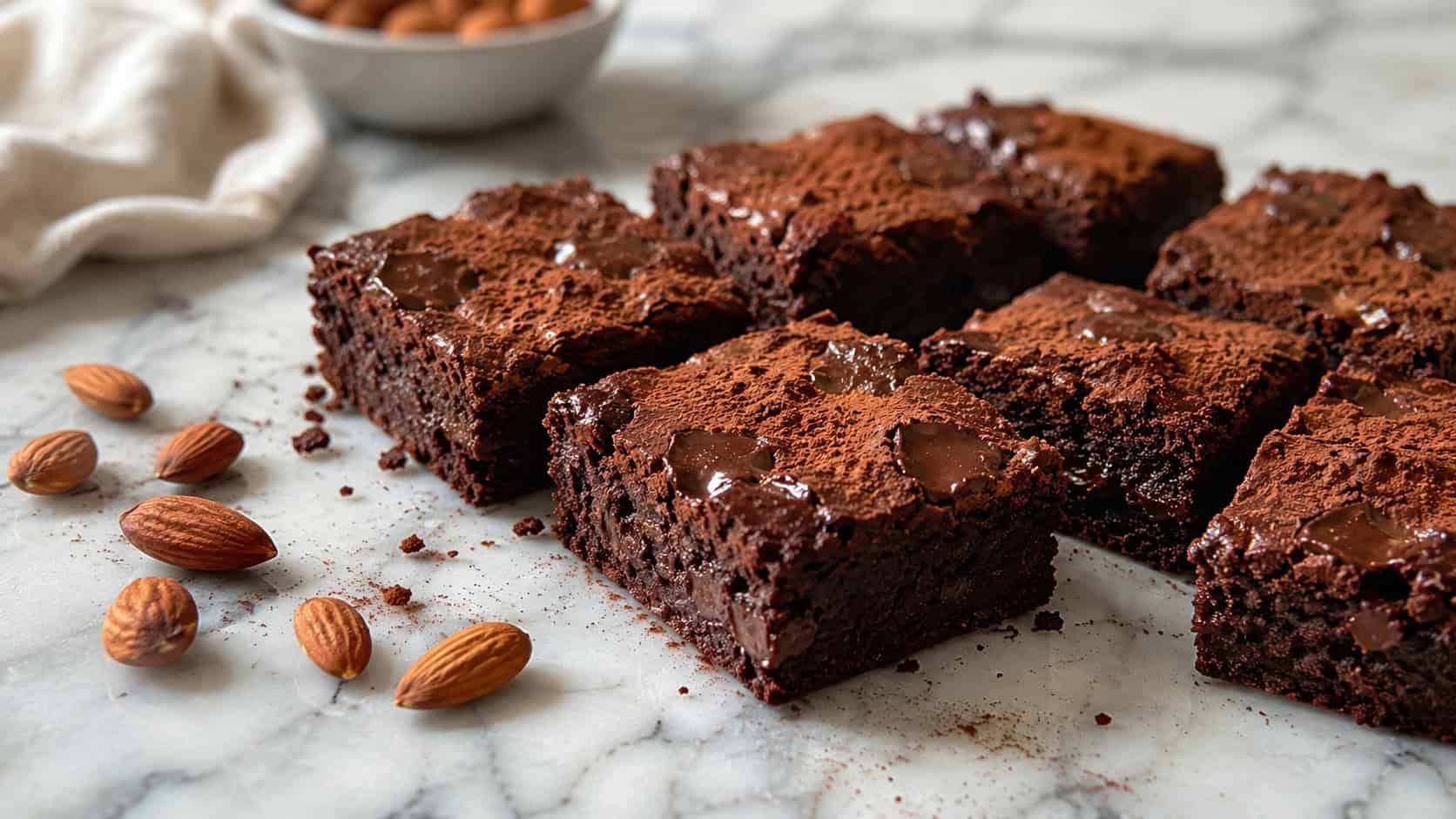 gluten-free chocolate brownies cut into neat squares on a marble countertop in a wide horizontal shot, melty chocolate chunks visible, a dusting of cocoa, scattered almonds nearby, bright natural light, shallow depth of field, landscape orientation