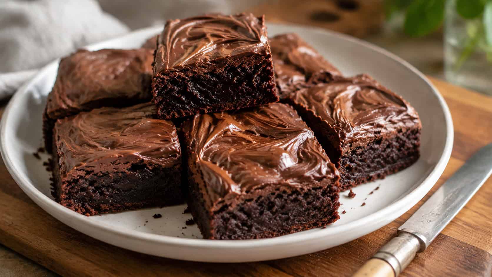 brownies topped with a glossy hazelnut chocolate swirl on a white plate in a wide horizontal composition, one square lifted to show the fudgy interior, a vintage knife resting nearby on a wooden board, warm natural light, shallow depth of field, landscape orientation