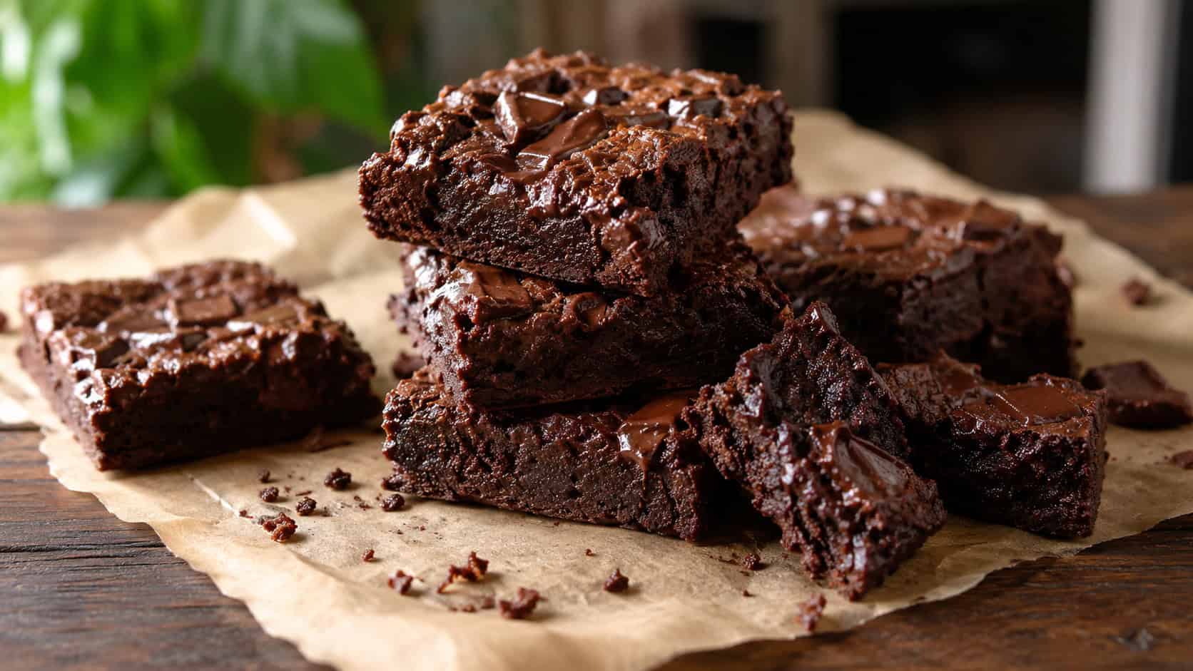 thick double-chocolate brownies with melty chunks on top arranged on parchment in a wide horizontal shot, a few squares stacked and one broken open, crumbs scattered on a dark wooden table, soft natural light, shallow depth of field, landscape orientation