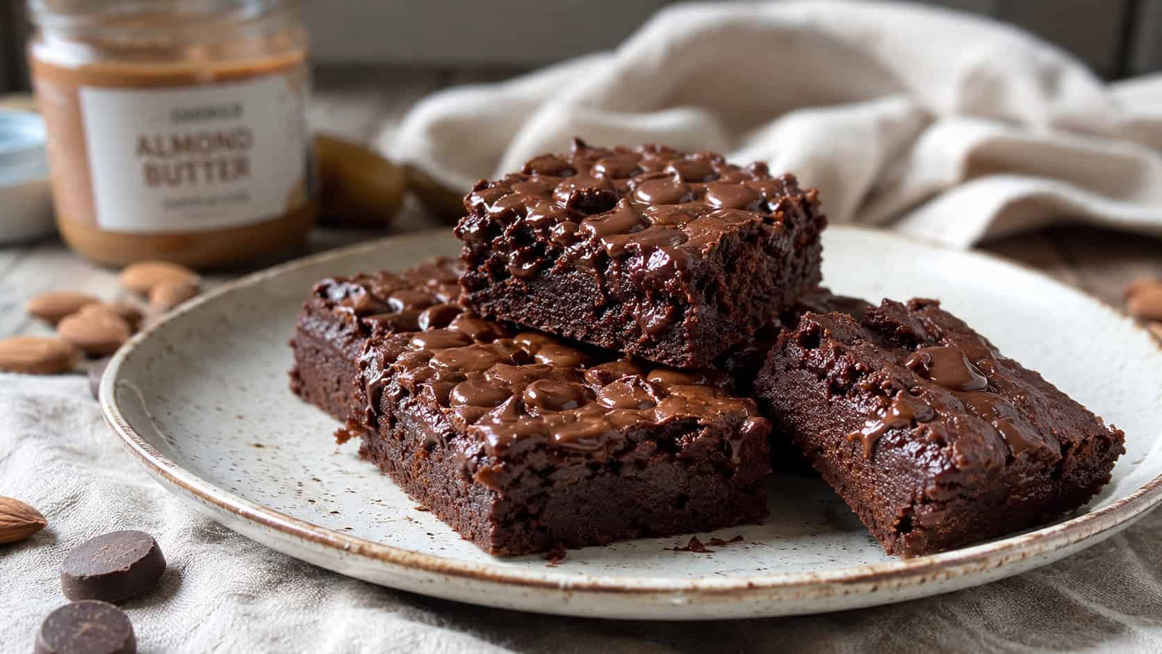 soft fudgy almond butter brownies on a rustic ceramic plate in a wide horizontal composition, glossy chocolate chips melting on top, a jar of almond butter blurred in the background on a linen-covered table, natural light, shallow depth of field, landscape orientation