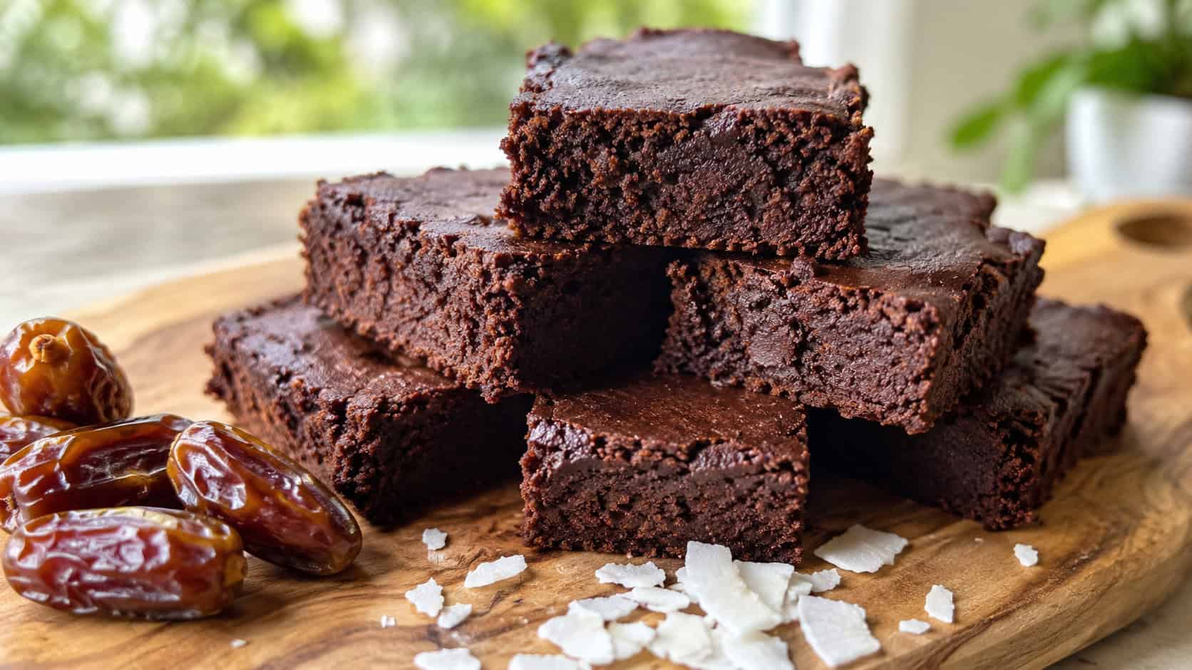 paleo chocolate brownies stacked on a wooden serving board in a wide horizontal shot, dense fudgy texture visible, a scattering of pitted dates and coconut flakes nearby, bright natural daylight, shallow depth of field, landscape orientation