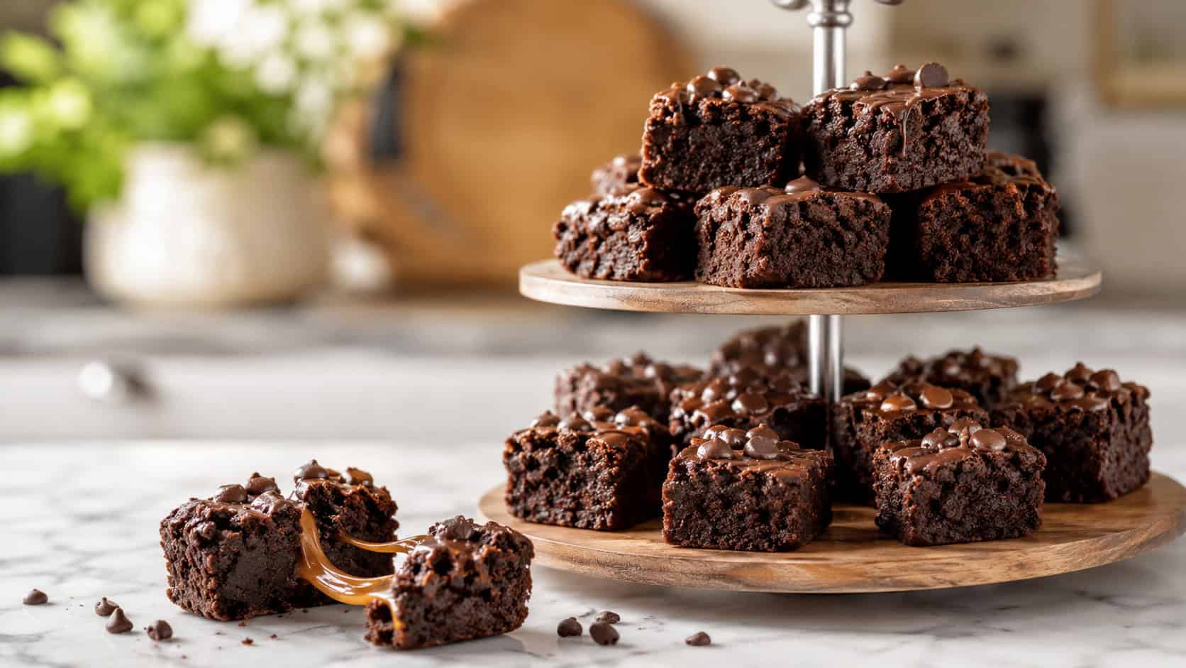 mini brownie bites on a tiered tray in a wide horizontal composition, one bite pulled apart to reveal stretchy caramel inside, soft crumbs on a marble surface, warm natural light, shallow depth of field, landscape orientation