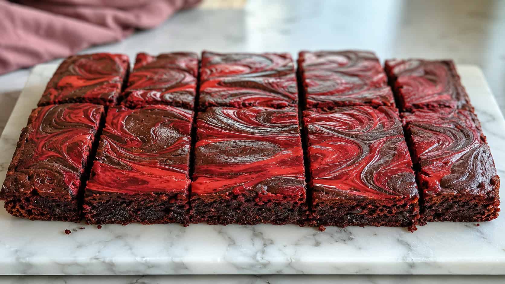 a wide horizontal arrangement of brownies with a striking red and dark chocolate marbled swirl pattern on top, on a marble board, soft natural light, shallow depth of field, landscape orientation