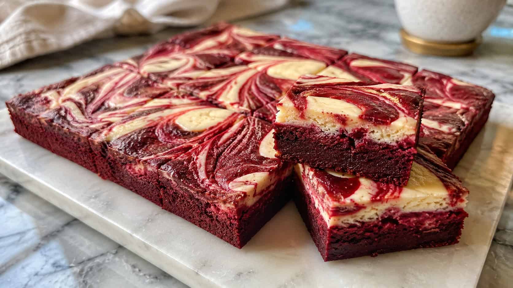 a wide horizontal platter of red velvet brownies with bold red and creamy white marbled swirls, one cut to show the layers, on a marble board, natural light, shallow depth of field, landscape orientation