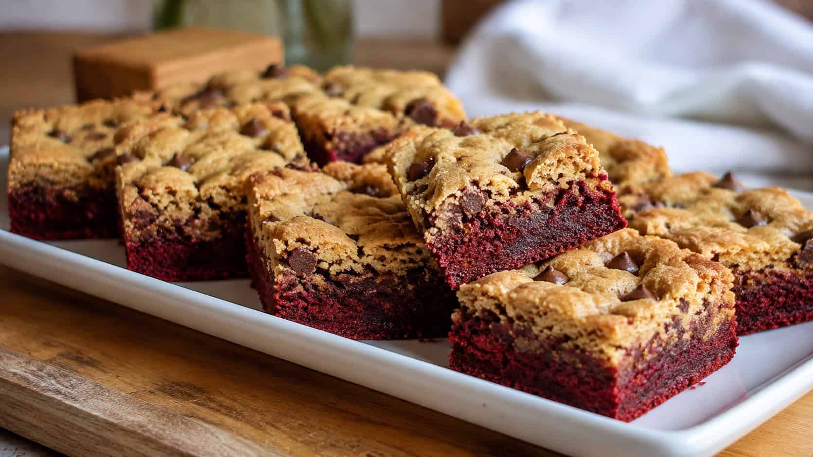a wide horizontal platter of brookies with a red velvet bottom and golden chocolate chip cookie top, one cut to show both layers, on a wooden board, warm natural light, shallow depth of field, landscape orientation