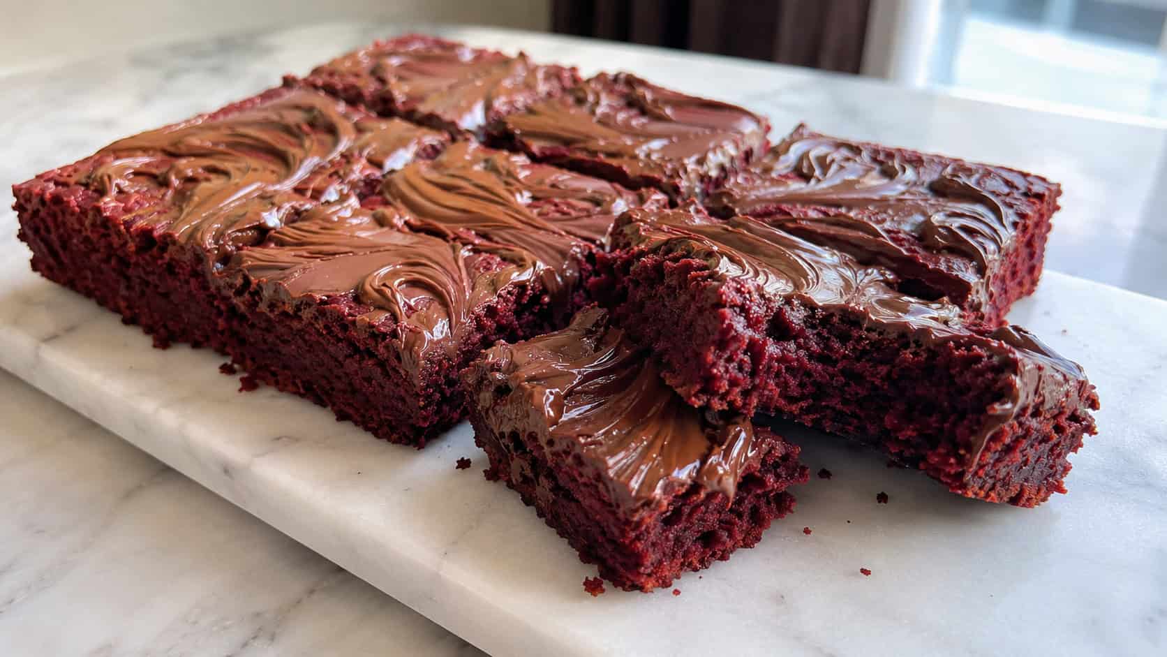 a wide horizontal platter of red velvet brownies with glossy hazelnut spread swirls across the top, one broken to show the fudgy interior, on a marble board, natural light, shallow depth of field, landscape orientation