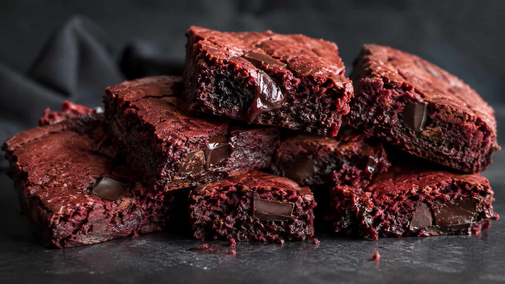a wide horizontal stack of dense red velvet truffle brownies with melting dark chocolate chunks, one broken to show a fudgy interior, on a dark surface, moody natural light, shallow depth of field, landscape orientation