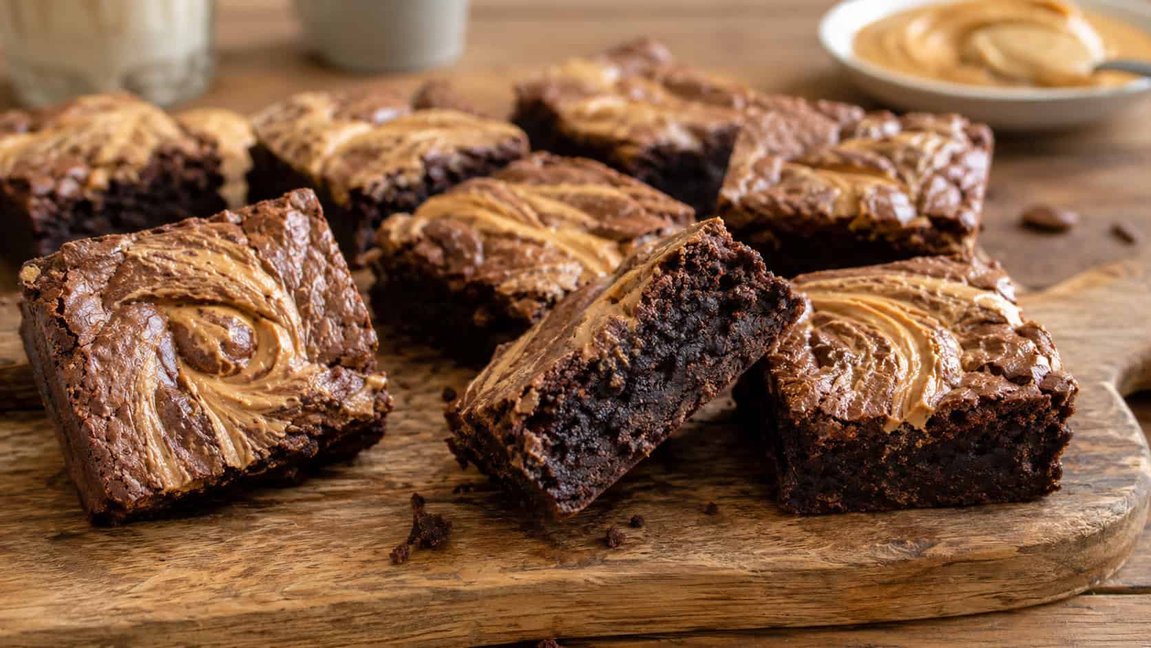 browned butter peanut butter brownies on a wide rustic board in a horizontal shot, deep golden-brown squares with peanut butter swirls, one bar split to reveal a dense crumb, scattered crumbs on a warm wood table, cozy natural light, shallow depth of field, landscape orientation