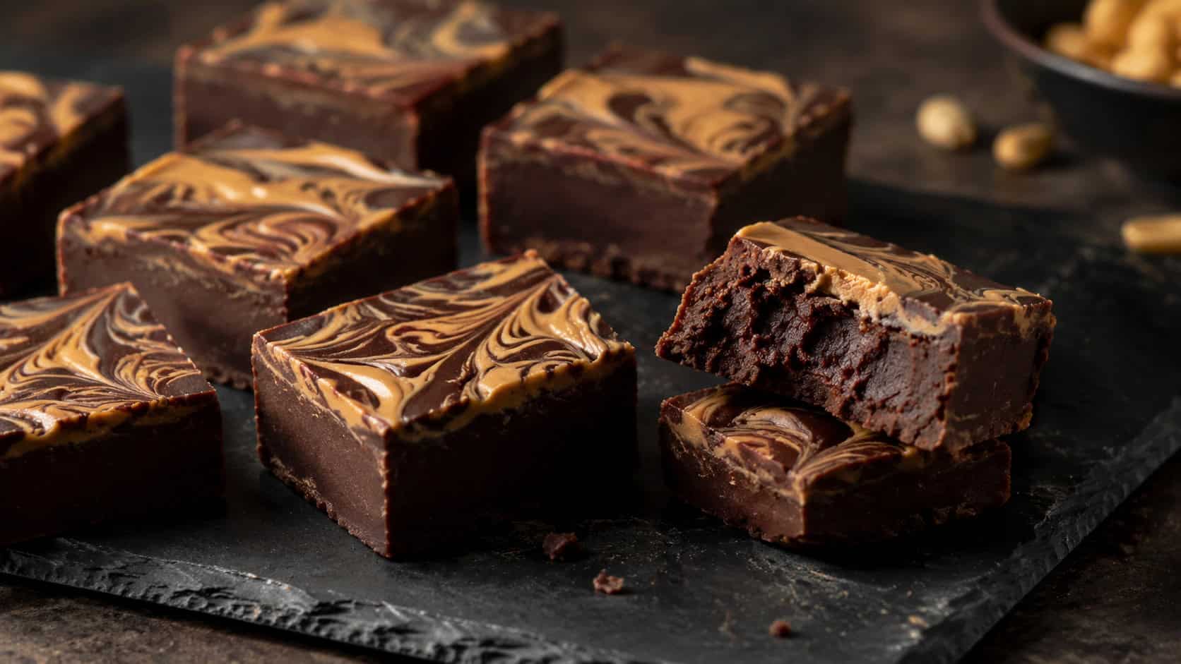 dark chocolate peanut butter fudge bars on a wide slate board in a horizontal shot, deep brown squares with golden peanut butter swirls on top, one bar broken to show a dense fudgy interior, crumbs nearby on a moody counter, warm directional light, shallow depth of field, landscape orientation