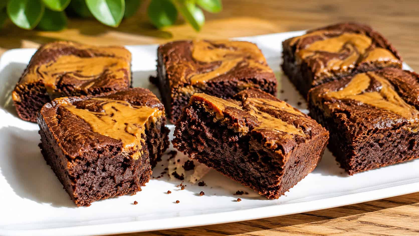 gluten-free peanut butter brownies on a wide white plate in a horizontal shot, fudgy squares with golden peanut butter swirls, one bar split to show a moist crumb, crumbs scattered on a sunny table, bright natural light, shallow depth of field, landscape orientation
