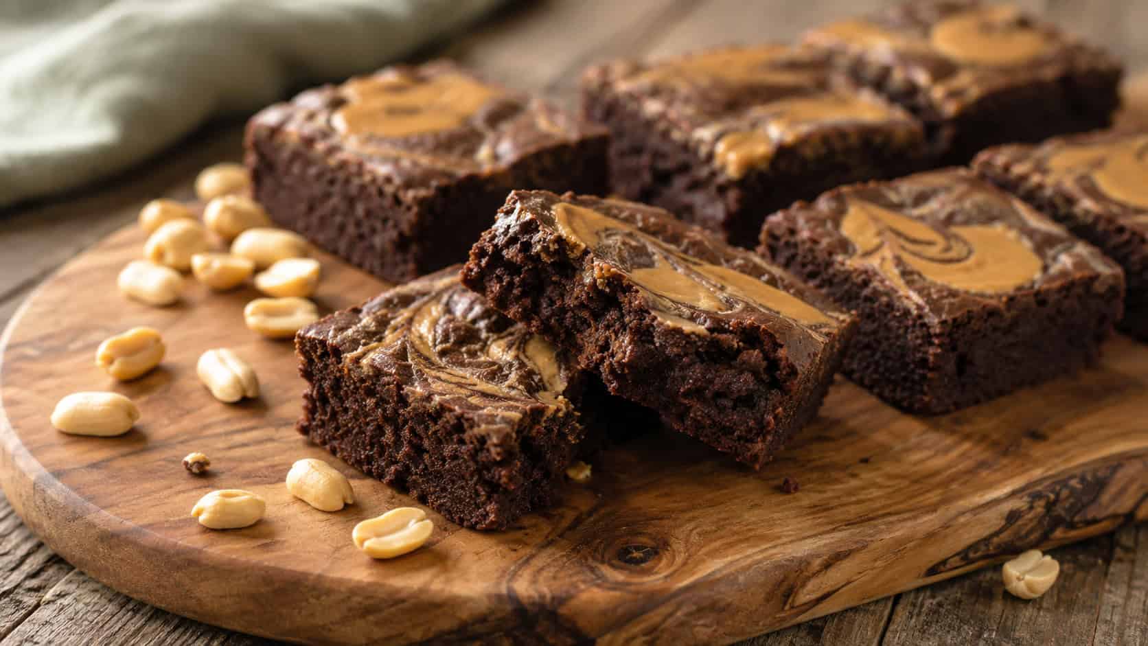 vegan peanut butter brownies on a wide wooden board in a horizontal shot, rich dark squares with golden peanut butter swirls, one broken open to show a fudgy crumb, fresh peanuts scattered alongside on a rustic table, soft natural light, shallow depth of field, landscape orientation