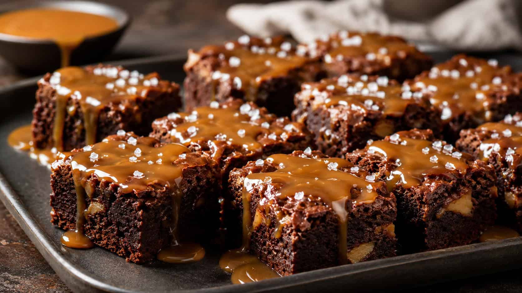 salted caramel peanut butter brownies on a wide dark platter in a horizontal shot, fudgy squares dripping with glossy caramel and flecked with sea salt, a caramel drizzle pooling beside them on a moody counter, warm natural light, shallow depth of field, landscape orientation