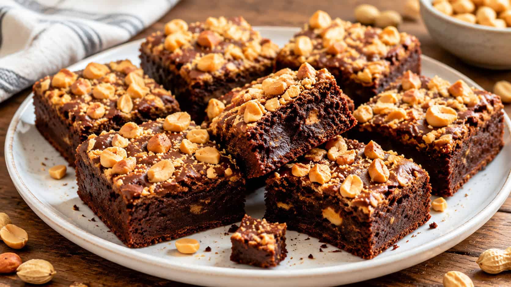 nutty peanut butter brownie bars on a wide white plate in a horizontal shot, fudgy squares topped with chopped roasted peanuts, one bar broken to show the dense crumb, scattered peanuts on a warm wood table, natural light, shallow depth of field, landscape orientation