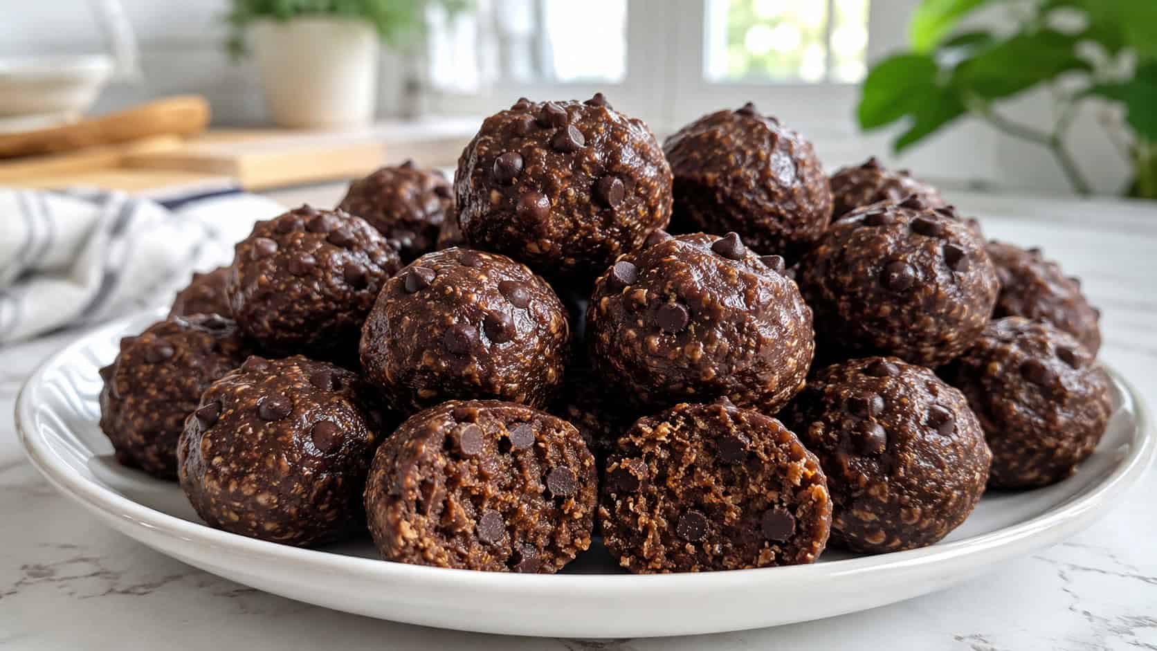 no-bake peanut butter brownie bites piled on a wide plate in a horizontal shot, dark rolled balls studded with mini chocolate chips, a few stacked and one halved to show the chewy center, on a bright kitchen table, airy natural light, shallow depth of field, landscape orientation