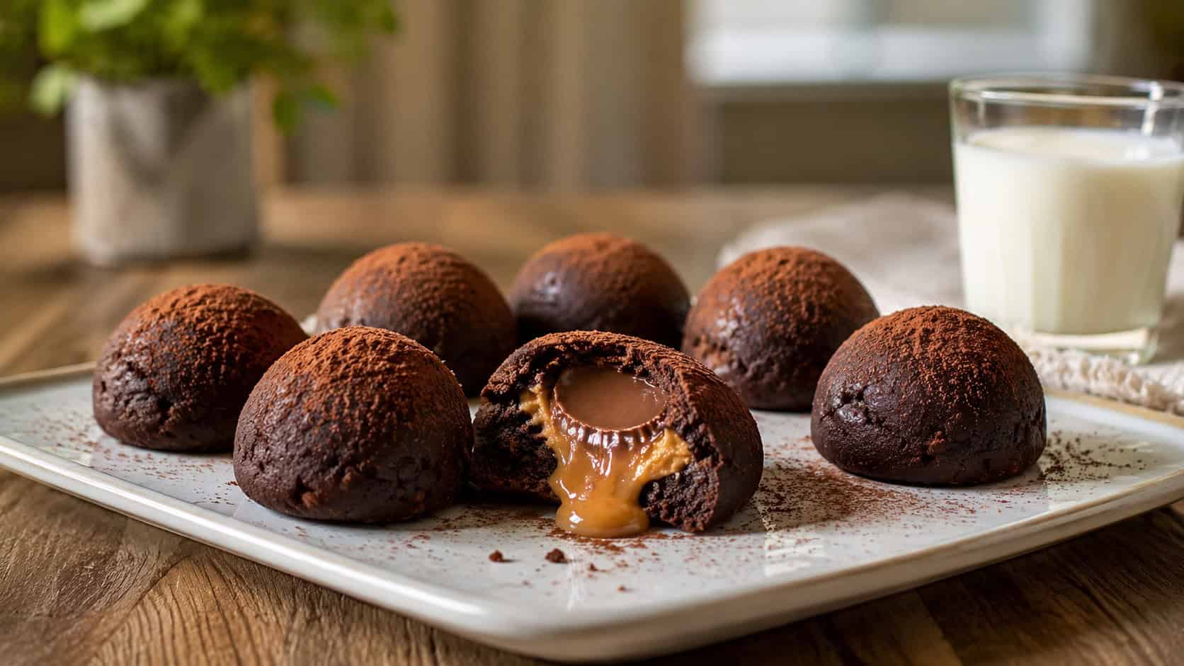 peanut butter cup brownie bombs on a wide platter in a horizontal shot, one split open to reveal a molten candy center oozing out, dark fudgy domes dusted with cocoa, a glass of milk beside them on a cozy table, warm natural light, shallow depth of field, landscape orientation