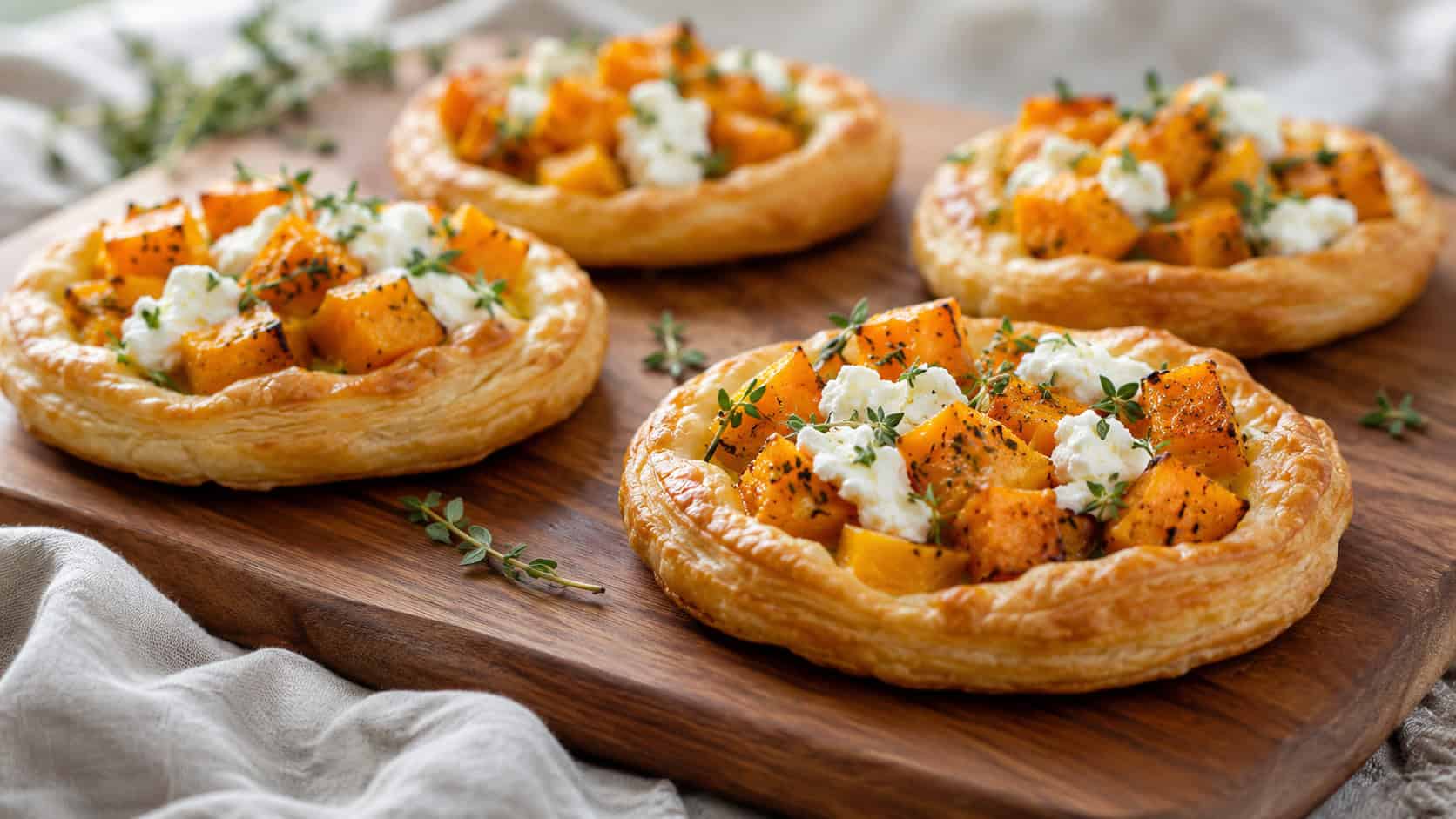 golden puff-pastry tartlets topped with roasted butternut squash, ricotta, and thyme in a wide horizontal shot, on a wooden board over a linen cloth, natural light, shallow depth of field, landscape orientation