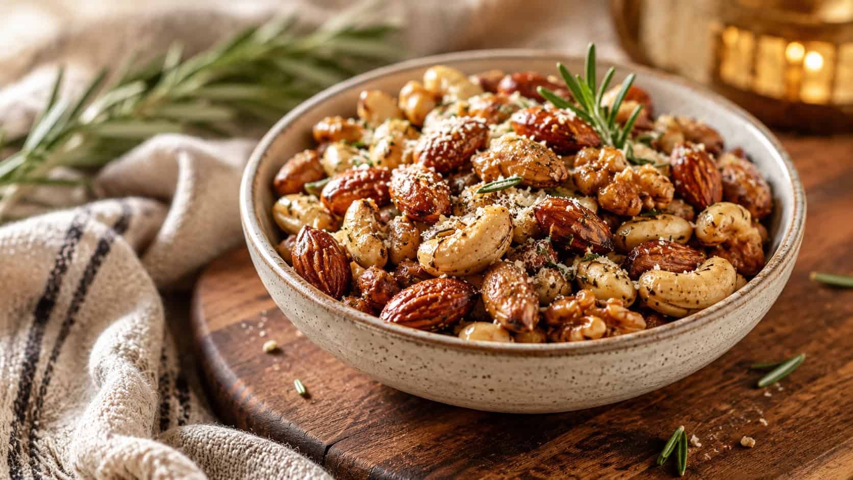 warm roasted mixed nuts coated in parmesan and rosemary in a small bowl in a wide horizontal shot, on a wooden board over a cozy cloth, natural light, shallow depth of field, landscape orientation