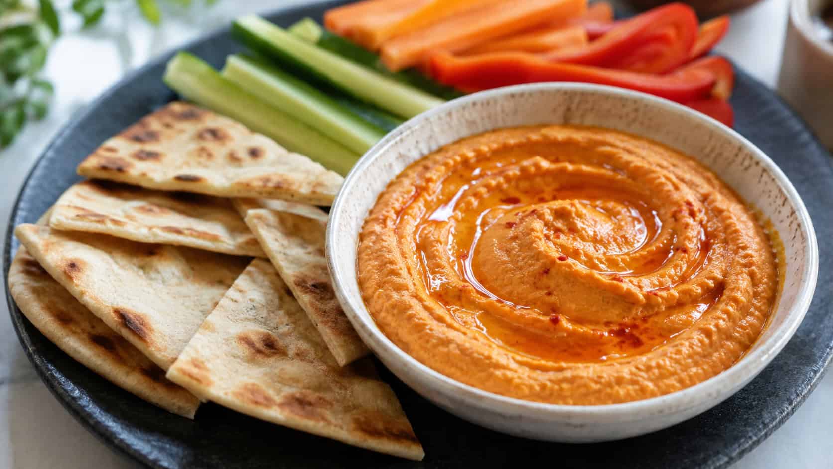 a bowl of smooth orange-red roasted pepper hummus swirled with oil beside pita in a wide horizontal shot, on a dark stone plate with veggie sticks, natural light, shallow depth of field, landscape orientation