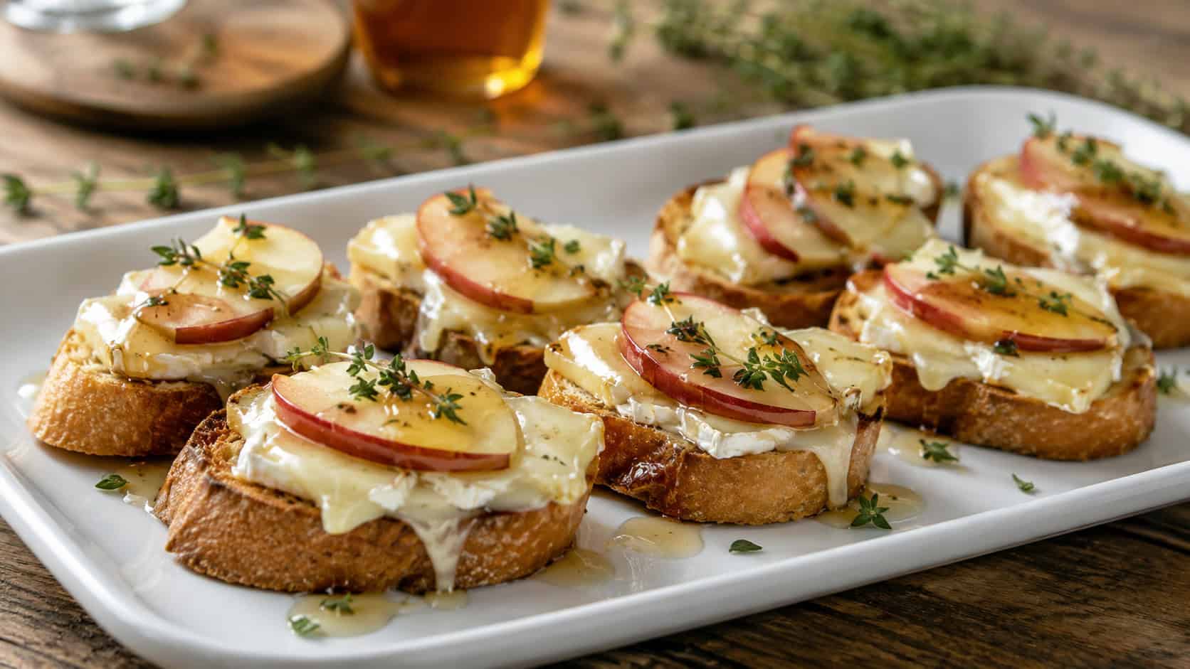crostini topped with melted brie, thin apple slices, honey, and thyme in a wide horizontal shot, on a white platter over a wooden table, natural light, shallow depth of field, landscape orientation