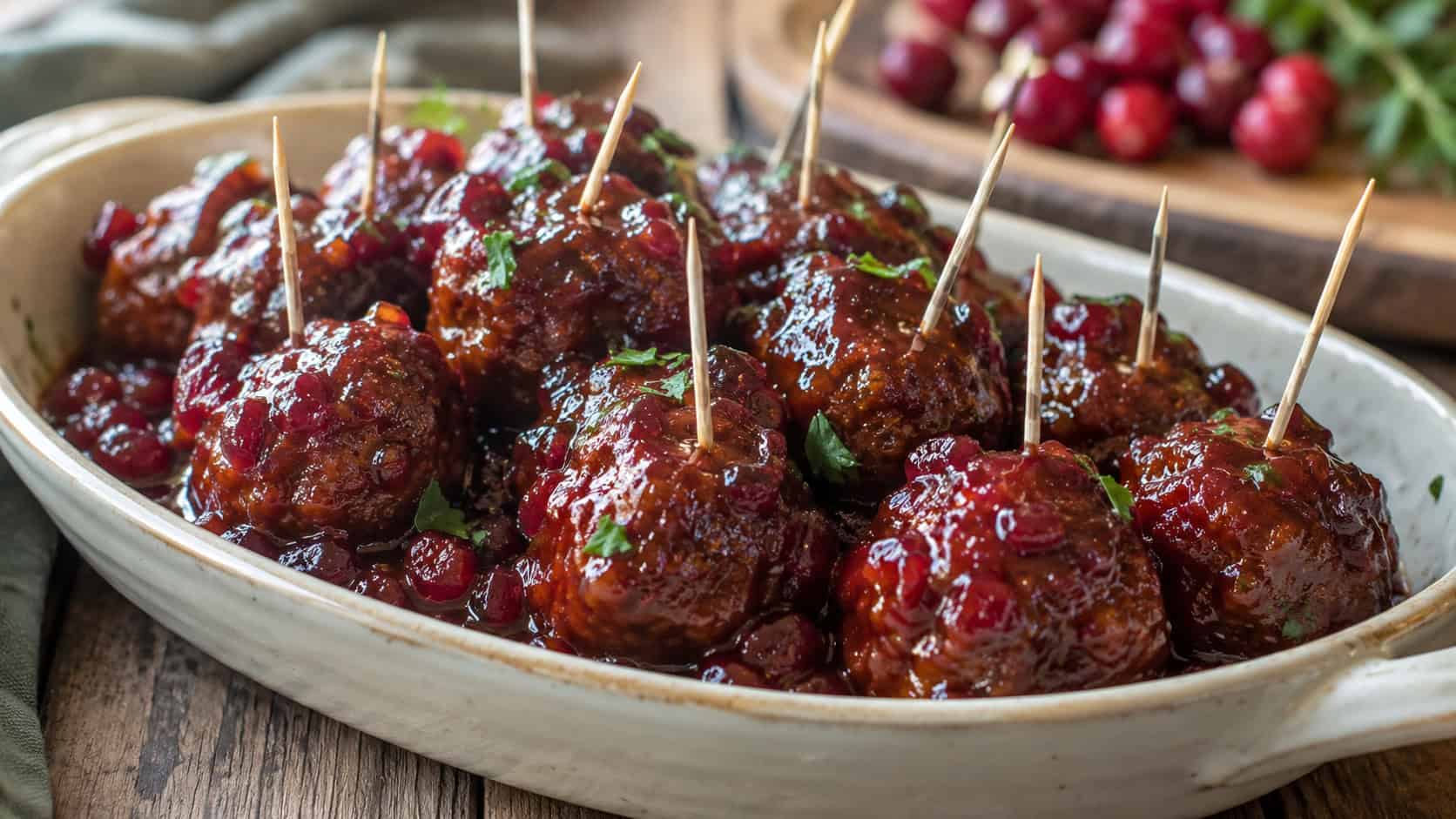 glossy meatballs coated in deep-red cranberry barbecue sauce with toothpicks in a wide horizontal shot, in a shallow serving dish on a rustic table, natural light, shallow depth of field, landscape orientation