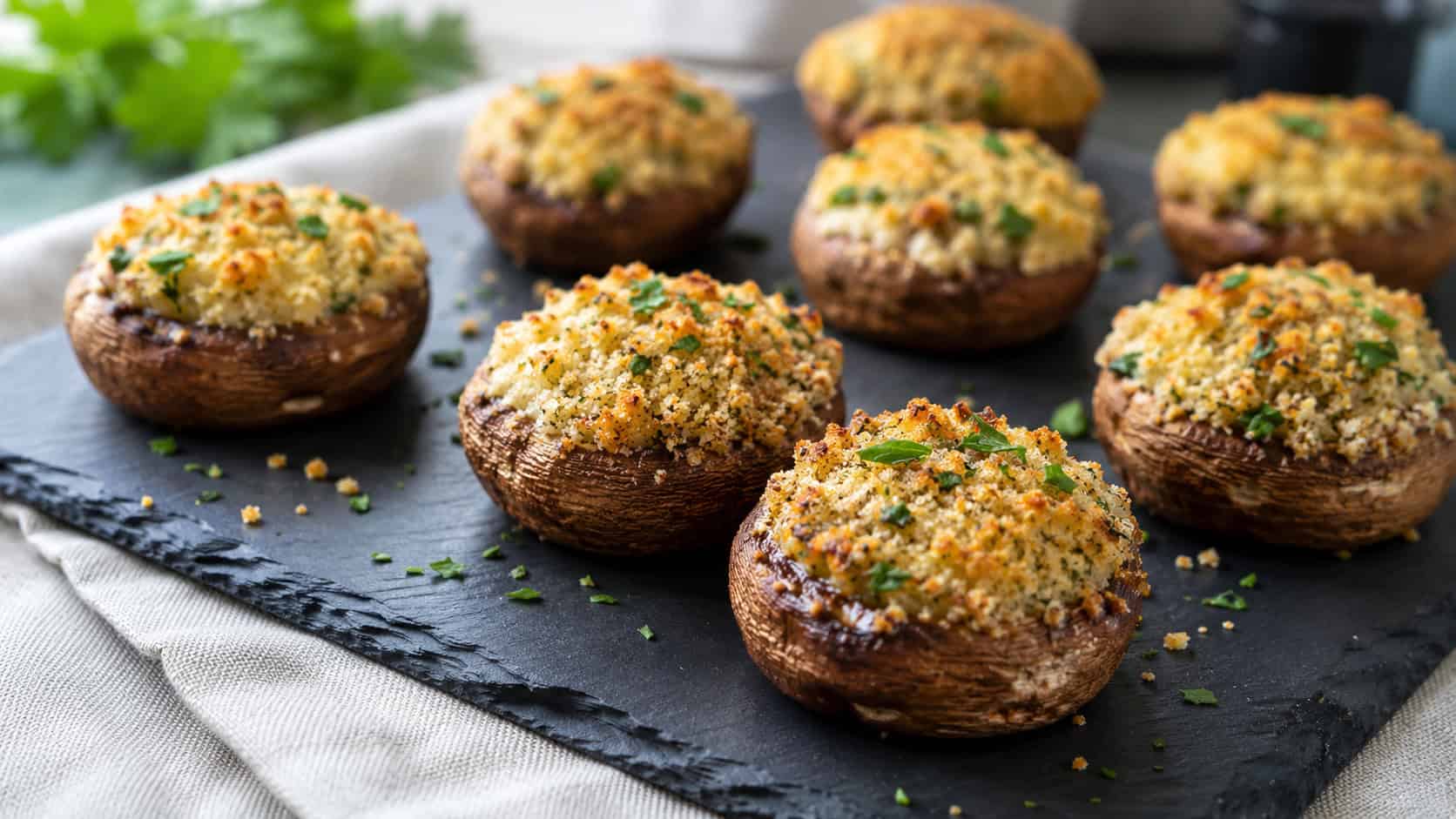 baked button mushroom caps stuffed with golden parmesan breadcrumb filling and parsley in a wide horizontal shot, on a slate board over a linen napkin, natural light, shallow depth of field, landscape orientation