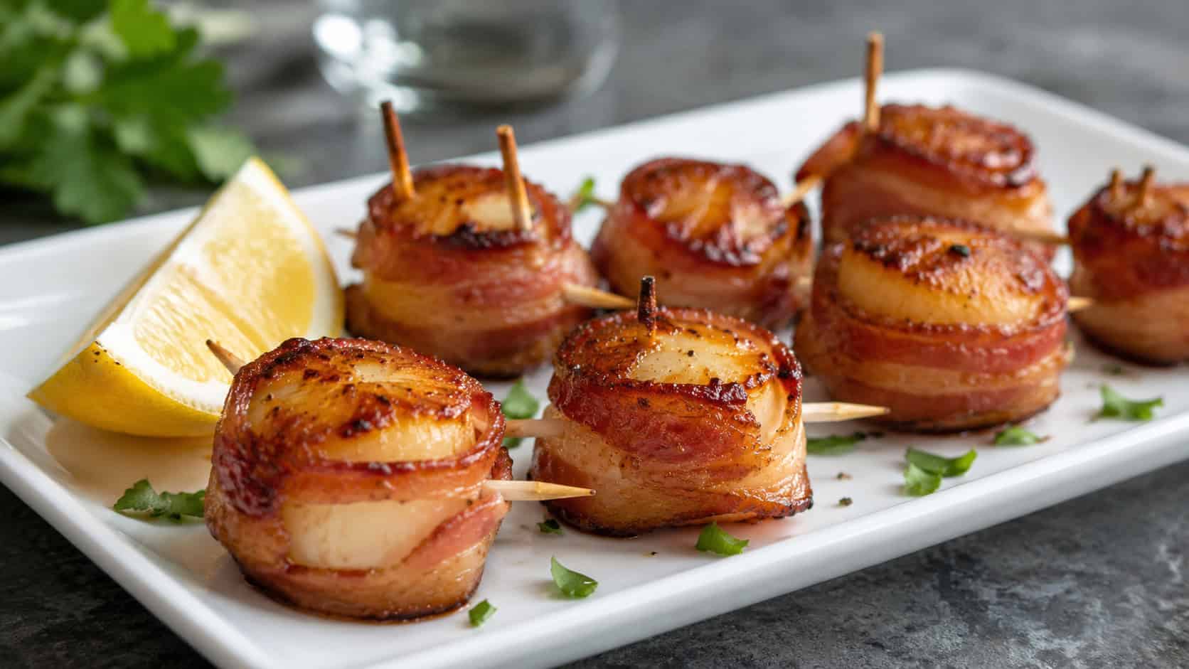 bacon-wrapped scallops crisp and golden with toothpicks and a lemon wedge in a wide horizontal shot, on a white platter over a slate surface, natural light, shallow depth of field, landscape orientation