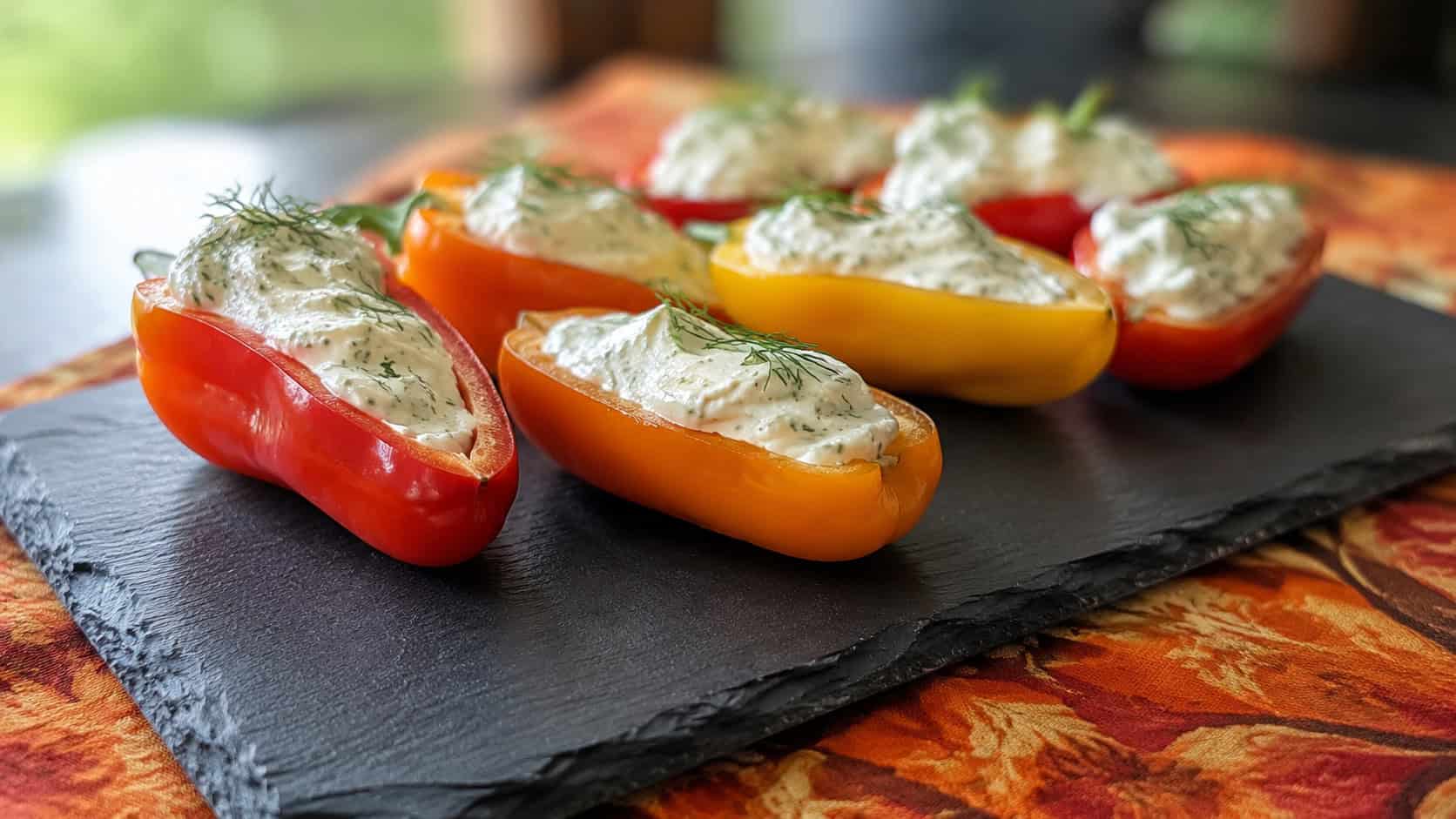stuffed mini sweet peppers filled with creamy whipped feta and dill in a wide horizontal shot, on a slate board over a fall napkin, natural light, shallow depth of field, landscape orientation