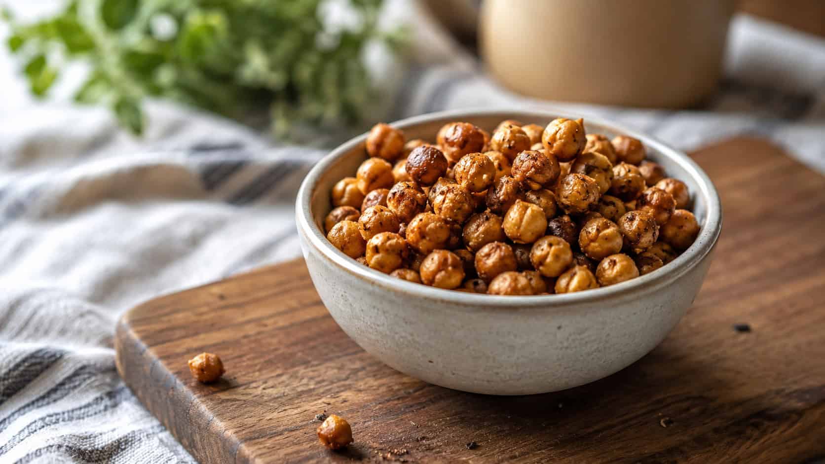 crispy roasted chickpeas dusted with warm spice in a small bowl in a wide horizontal shot, on a wooden board over a cozy cloth, natural light, shallow depth of field, landscape orientation