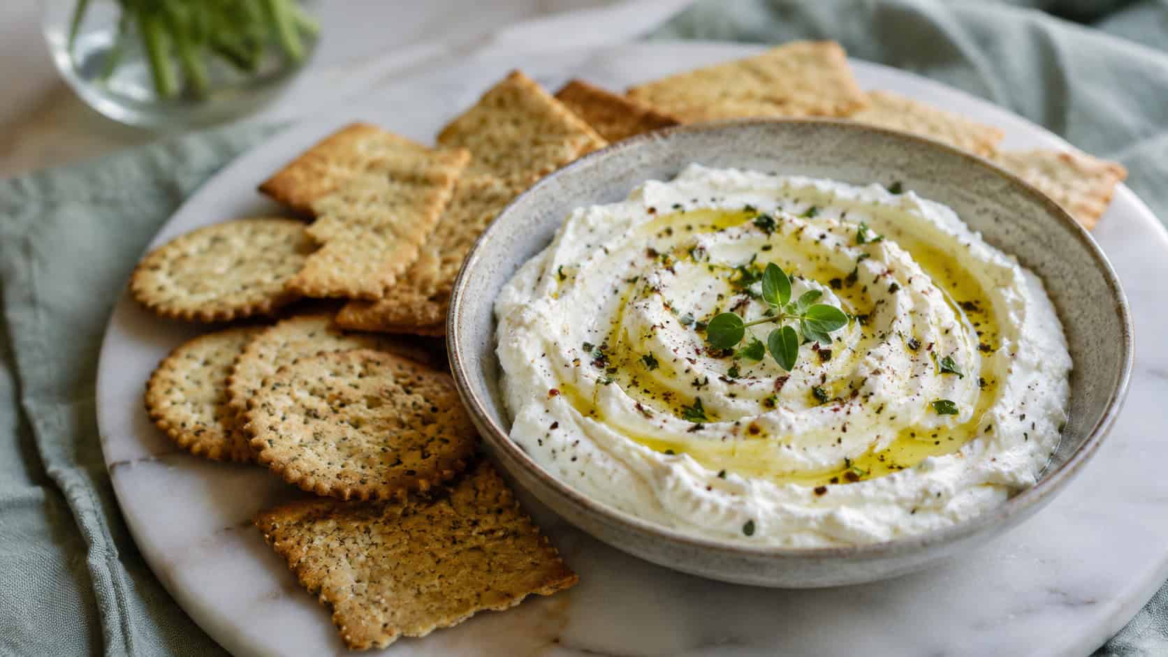 a bowl of whipped goat cheese dip swirled with herbs and olive oil beside crackers in a wide horizontal shot, on a marble board over a soft cloth, natural light, shallow depth of field, landscape orientation